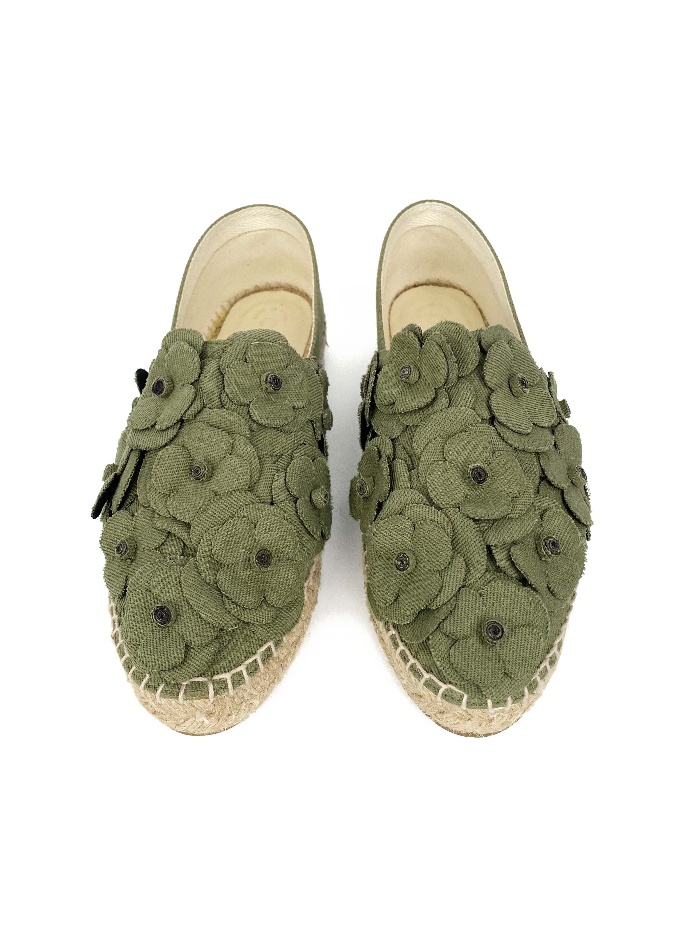 Chanel Khaki Camellia Espadrilles 38