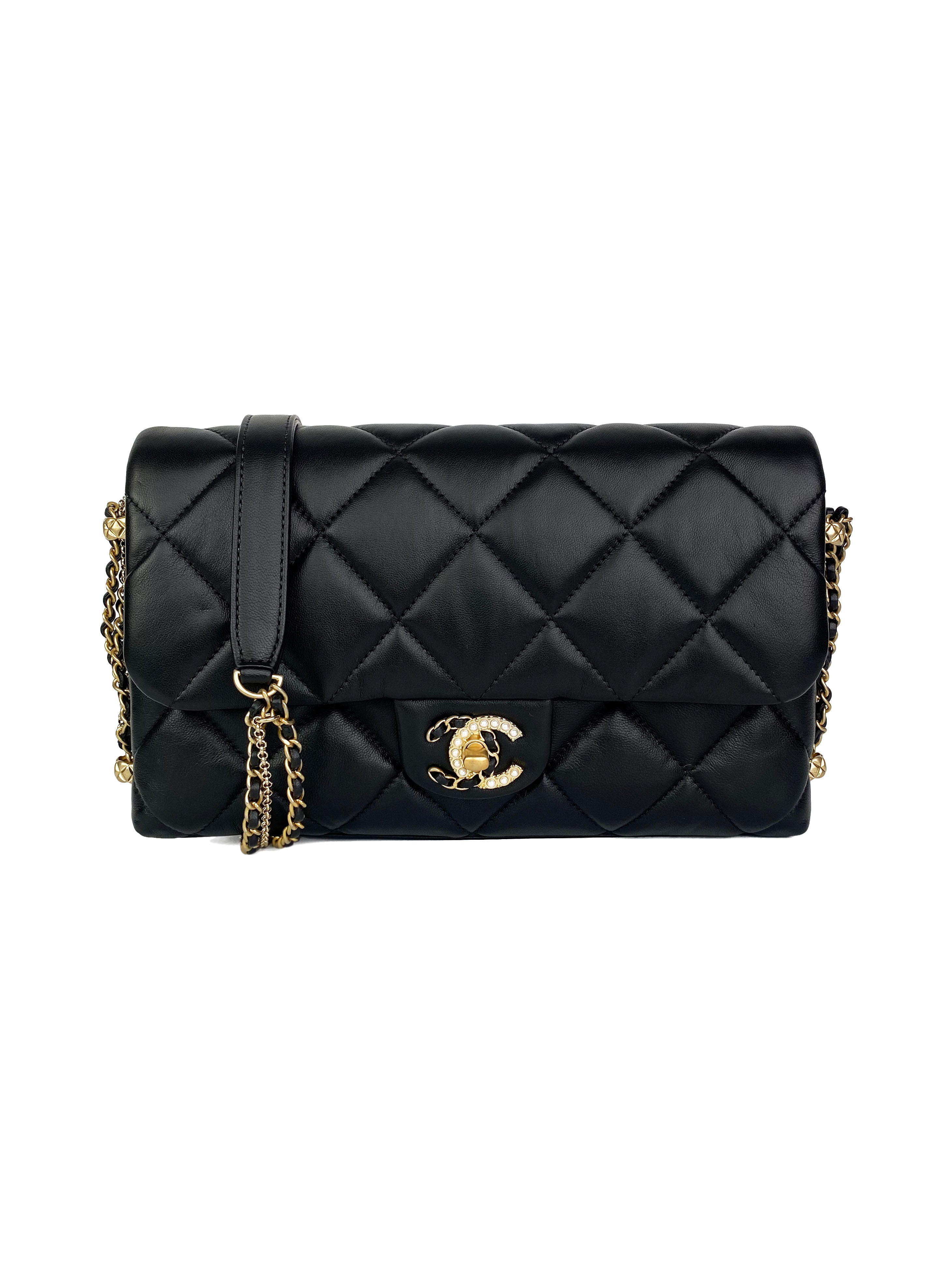 Chanel Medium Black Classic Flap Bag with Pearl Logo