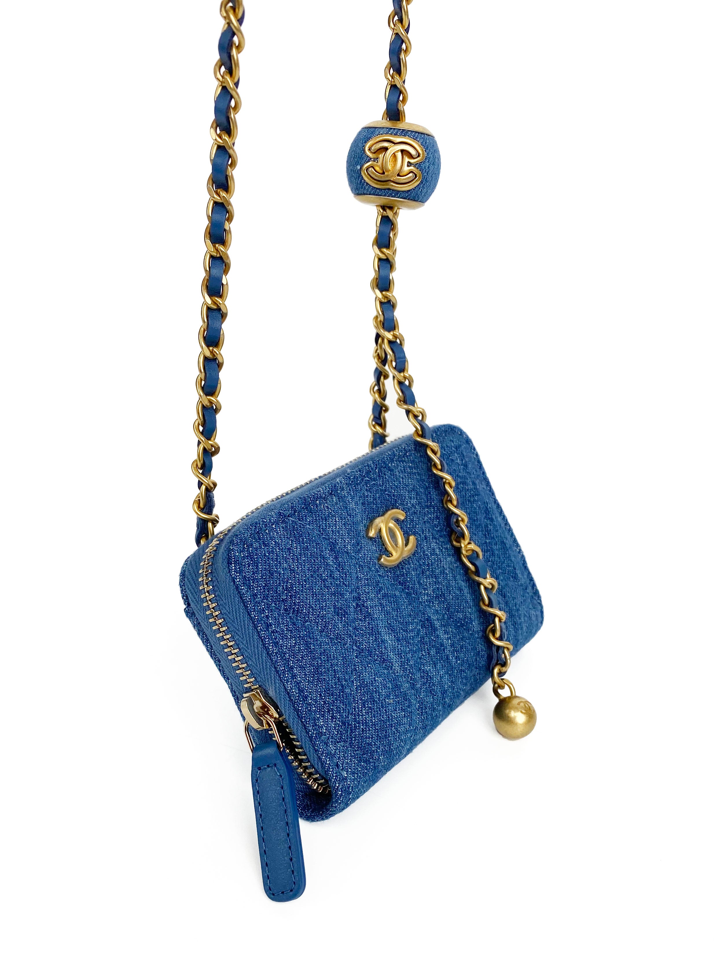 Chanel Mini Denim Cardholder with Pearl Crush