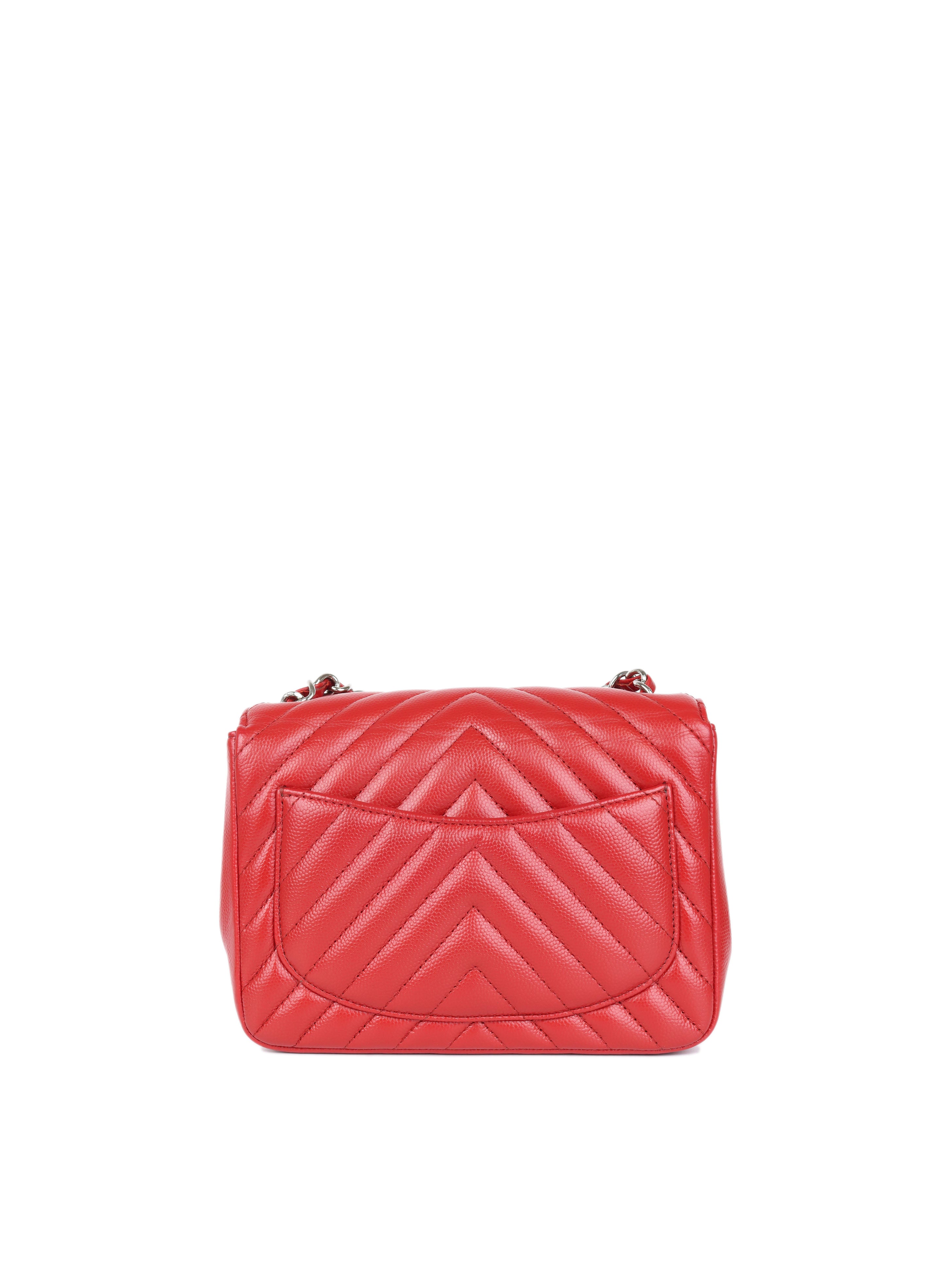 Chanel Red Caviar Chevron Mini Square Classic Flap SHW