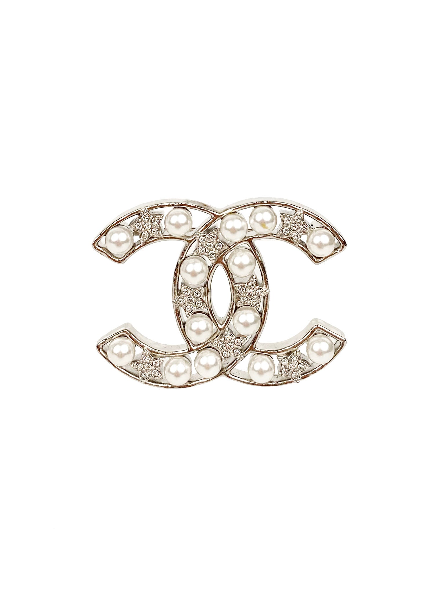 Chanel Silver CC Pearls and Stars Brooch