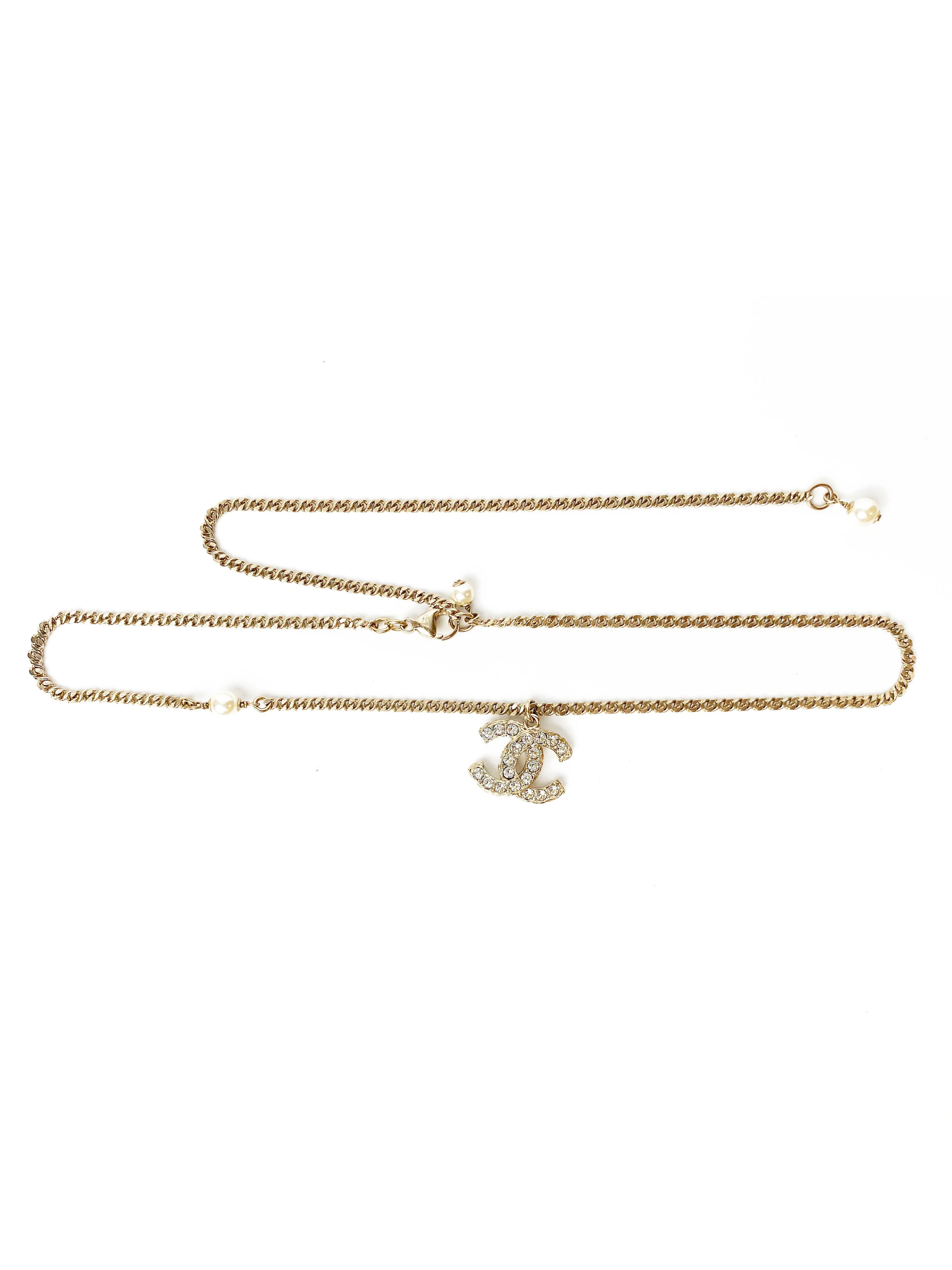 Chanel Brass Gold Logo Necklace with Dangling Pearls