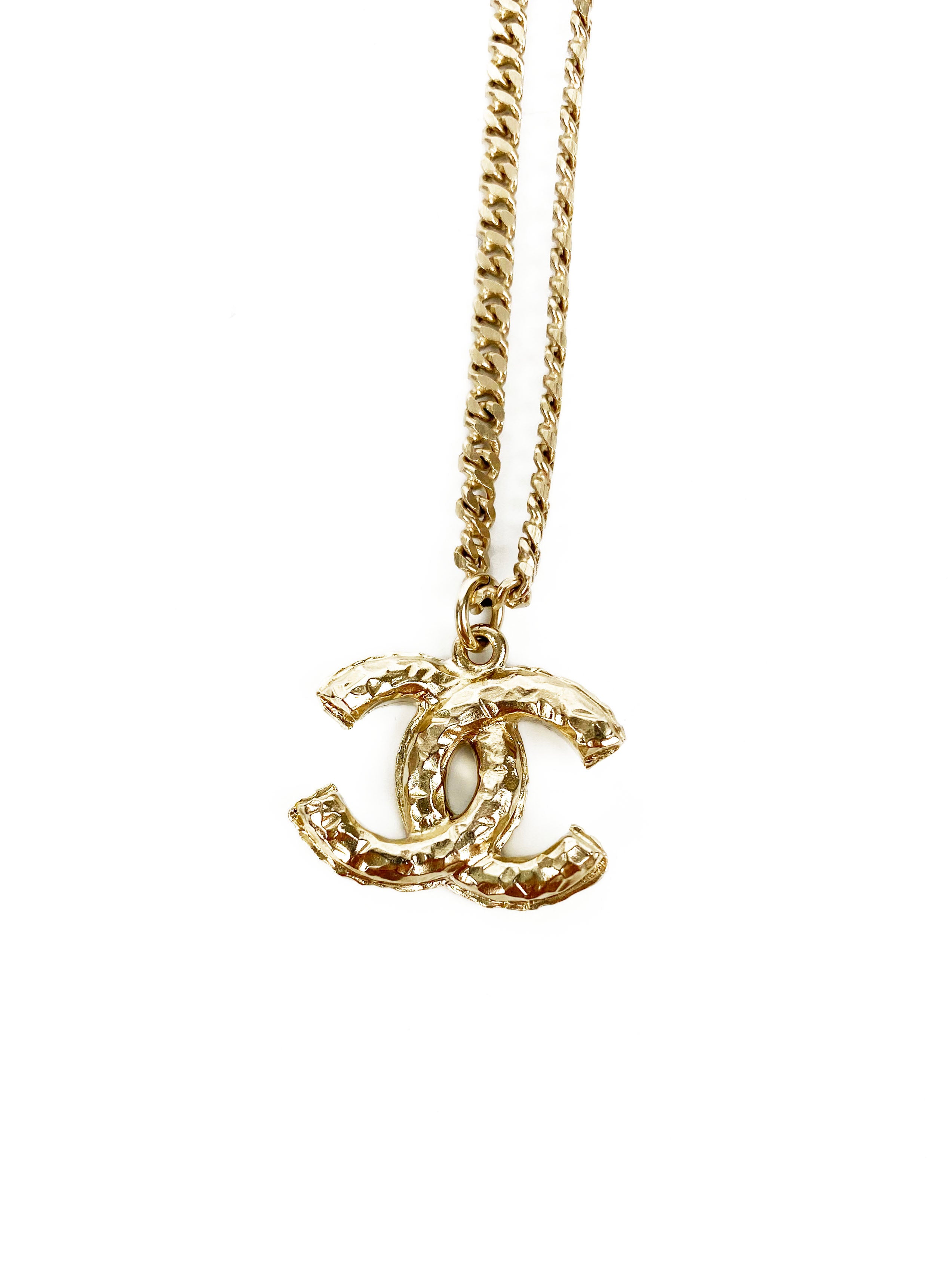 Chanel Brass Gold Logo Necklace with Dangling Pearls