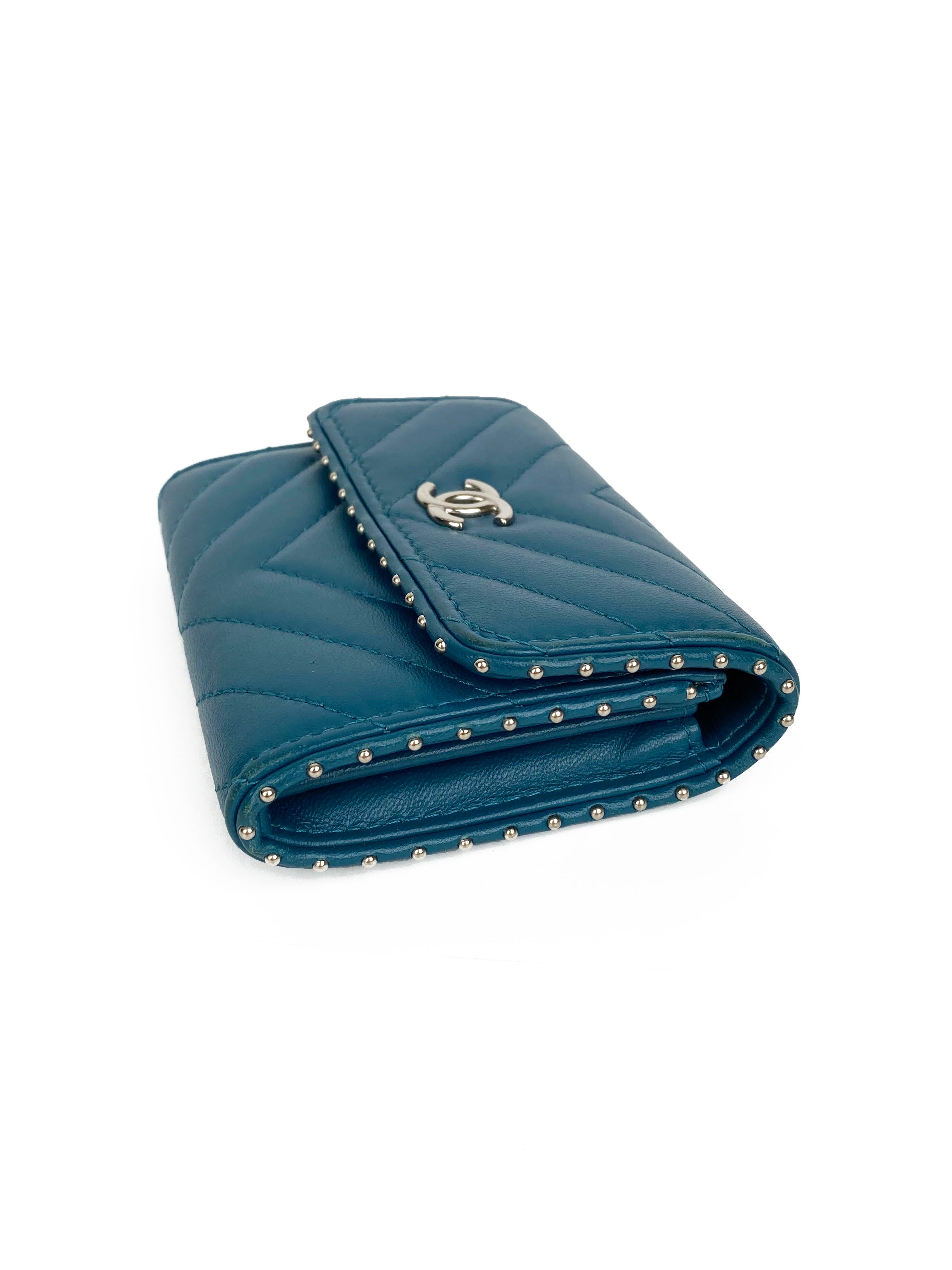 Chanel Teal Chevron Studded Wallet