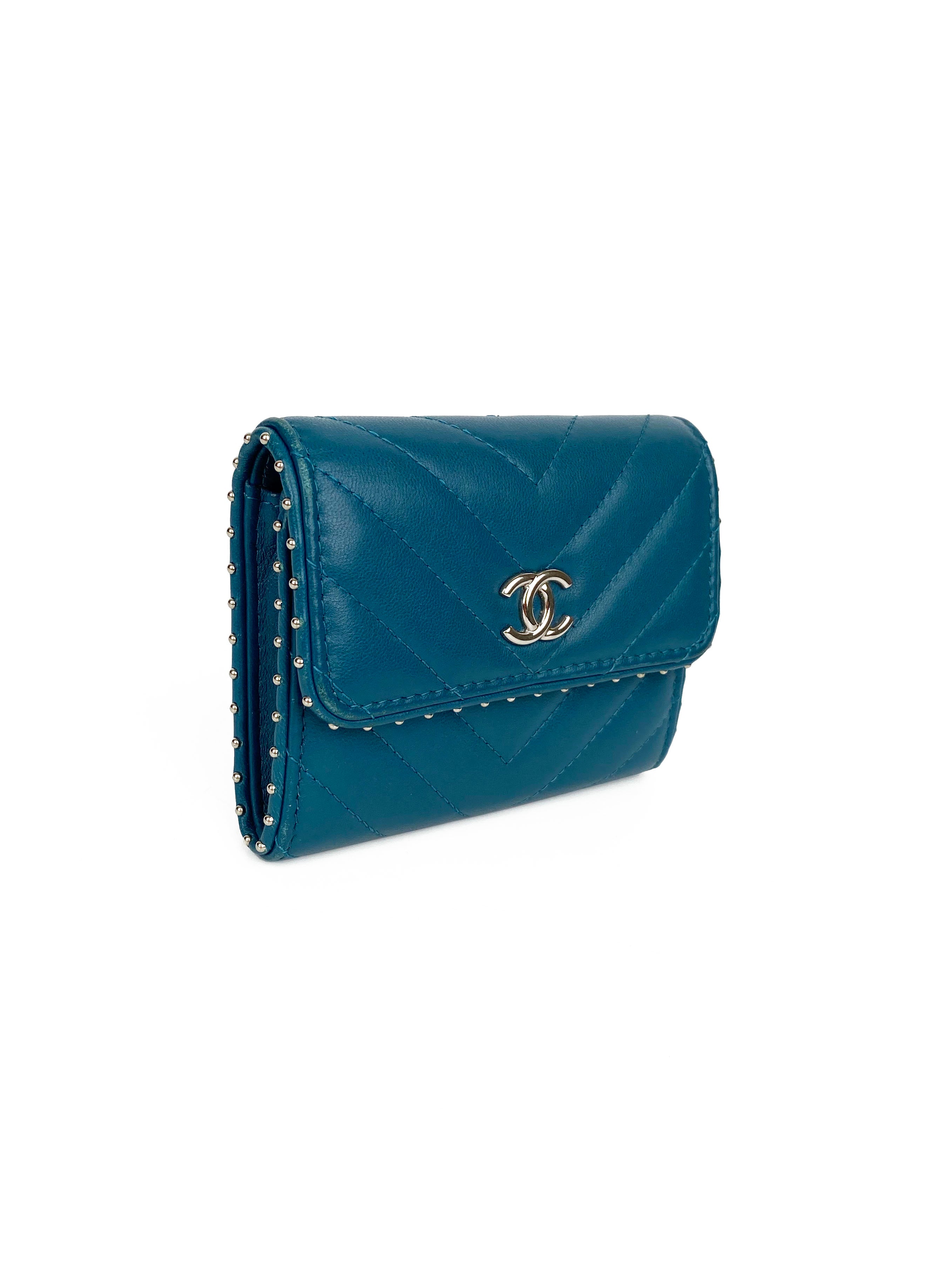 Chanel Teal Chevron Studded Wallet