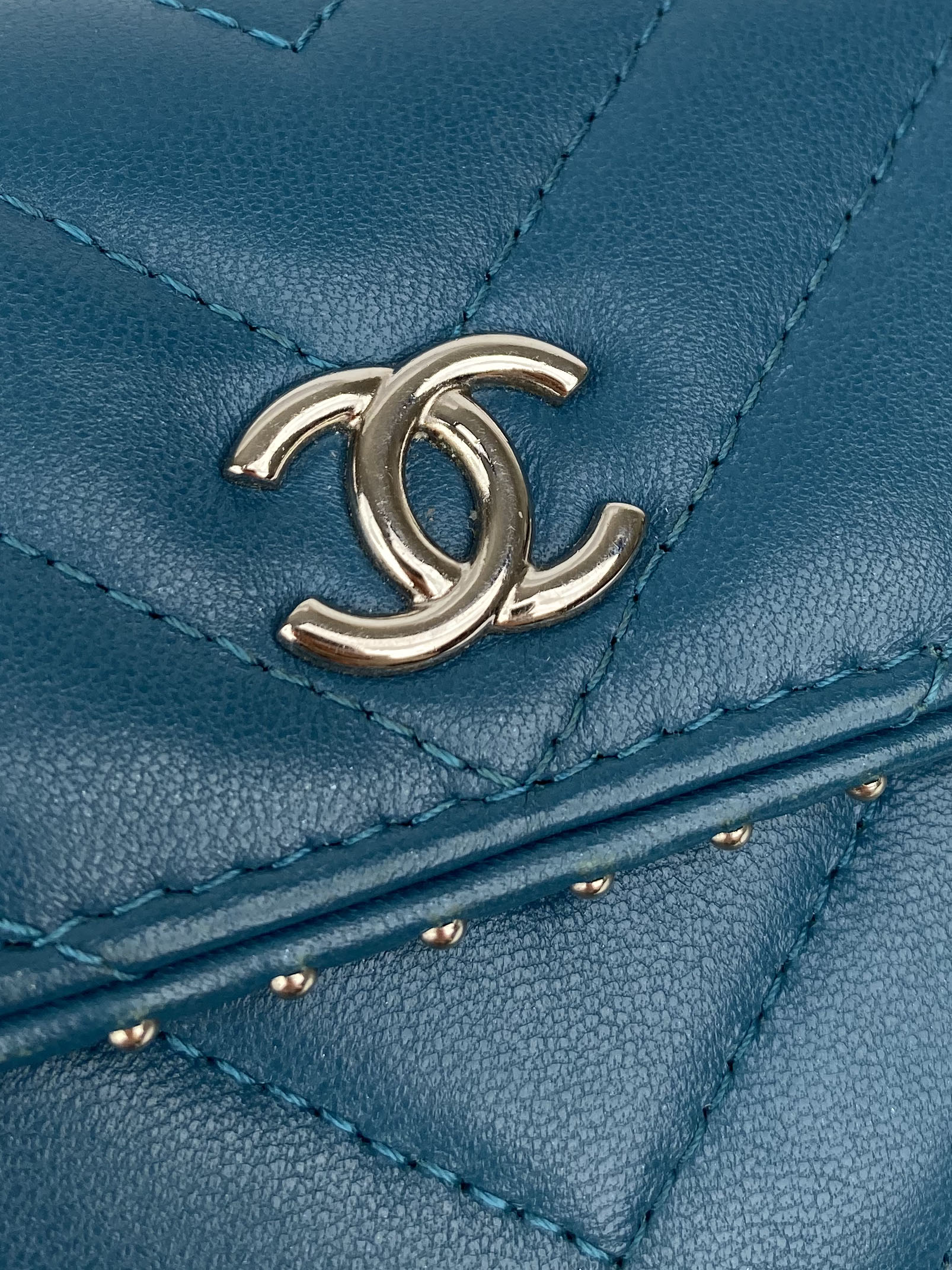 Chanel Teal Chevron Studded Wallet