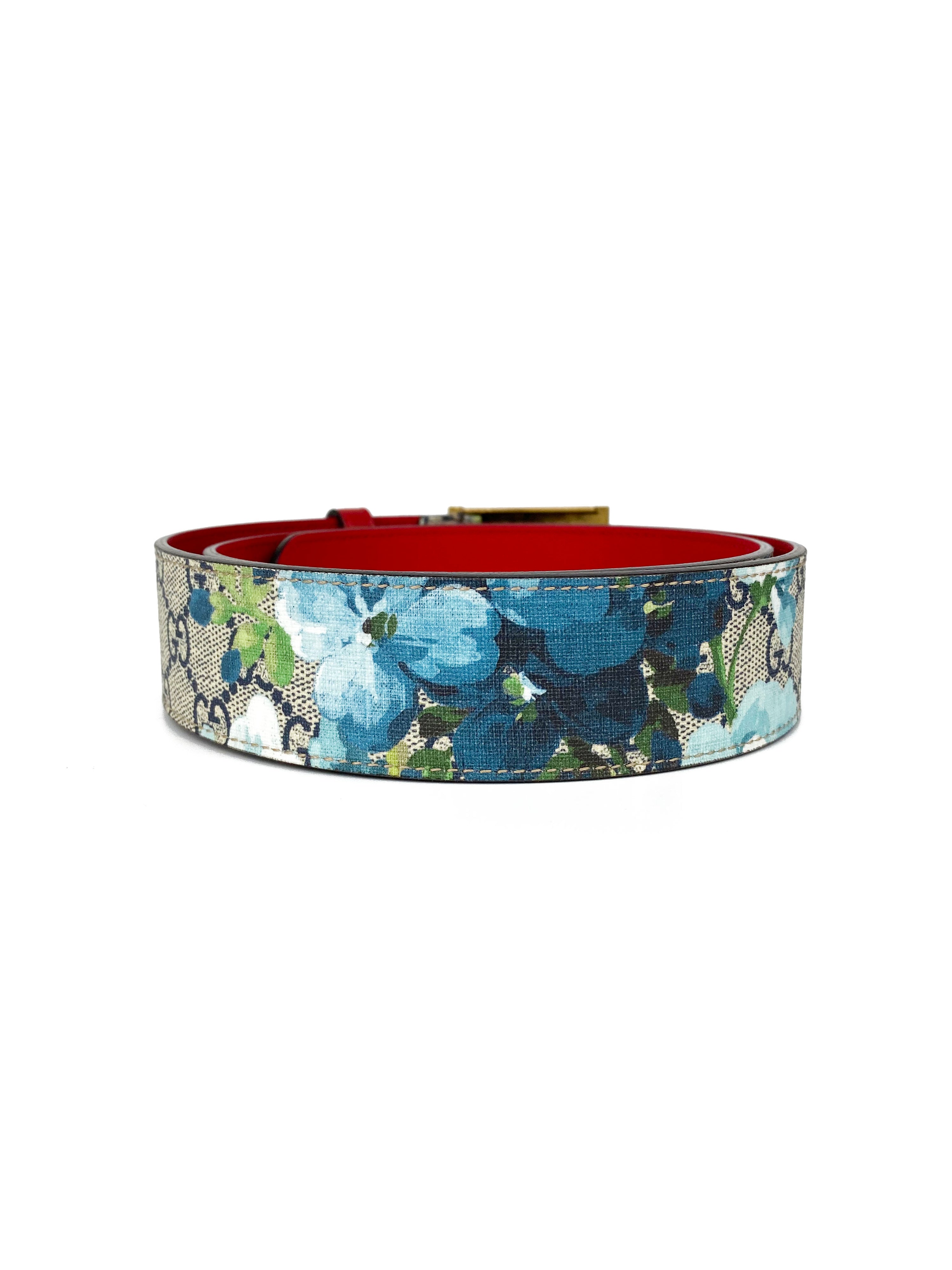 Gucci Blue Blooms Belt with Tiger Head 90