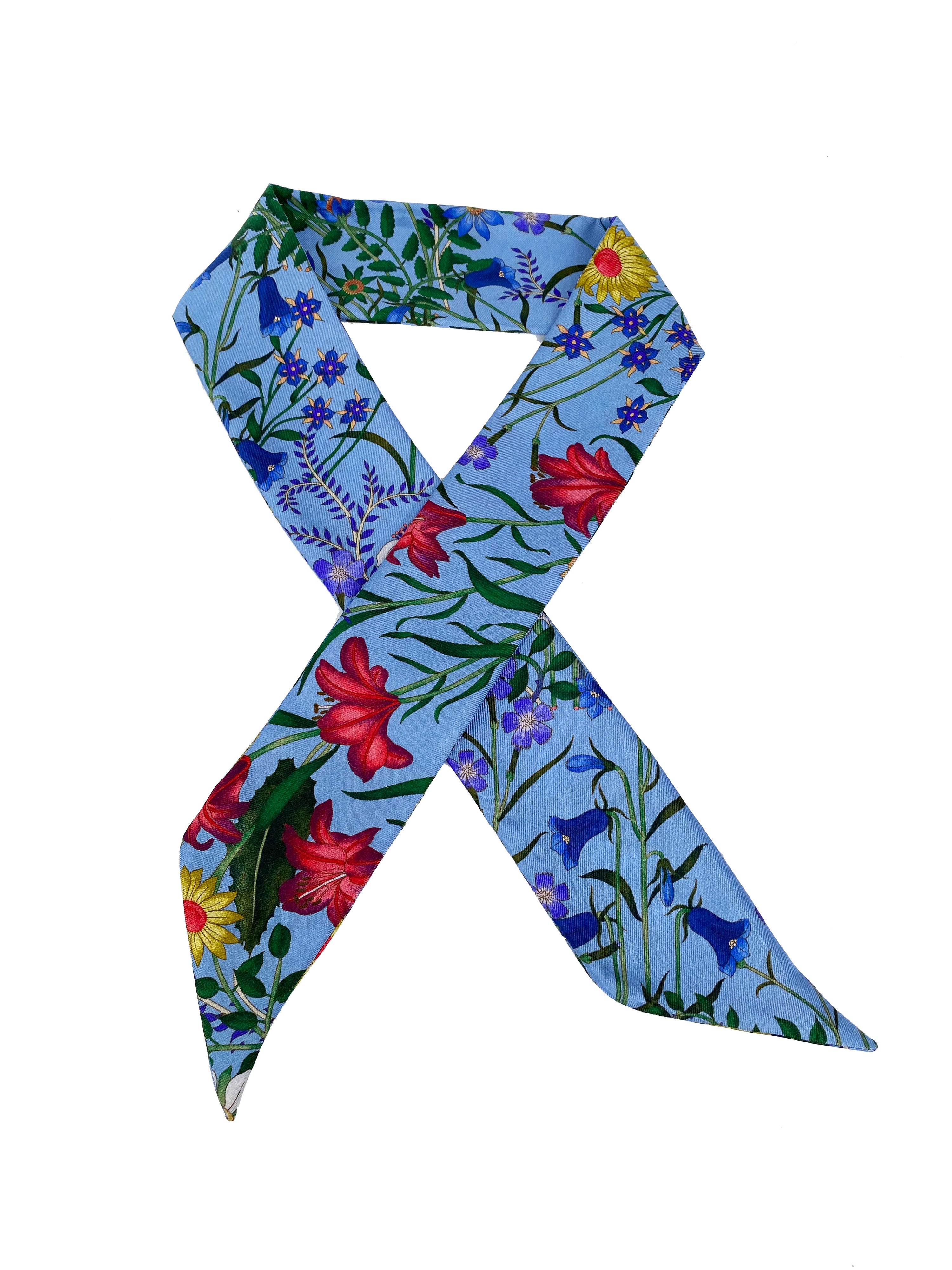 Gucci Blue 
Floral Silk Twilly Scarf