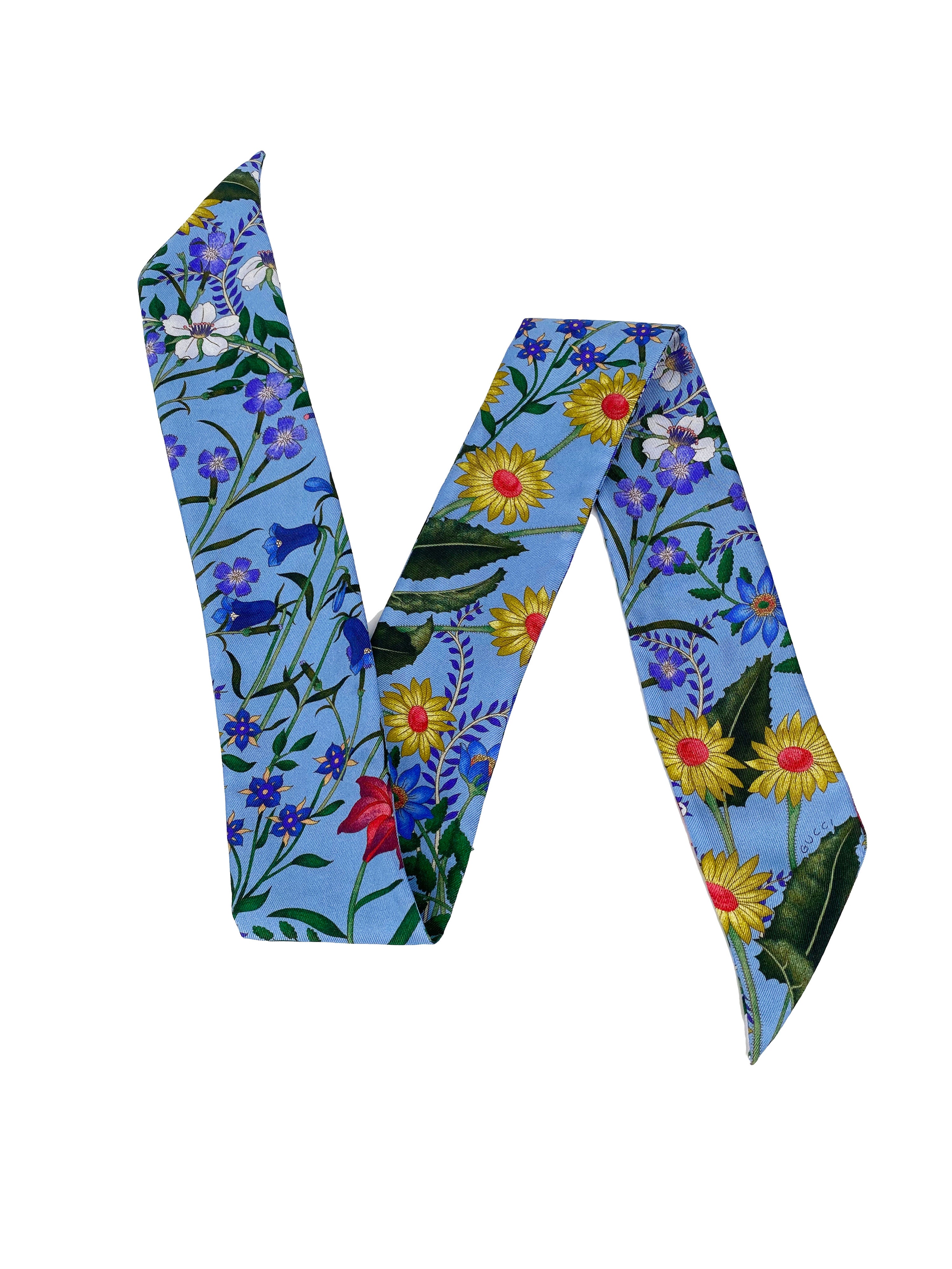 Gucci Blue 
Floral Silk Twilly Scarf