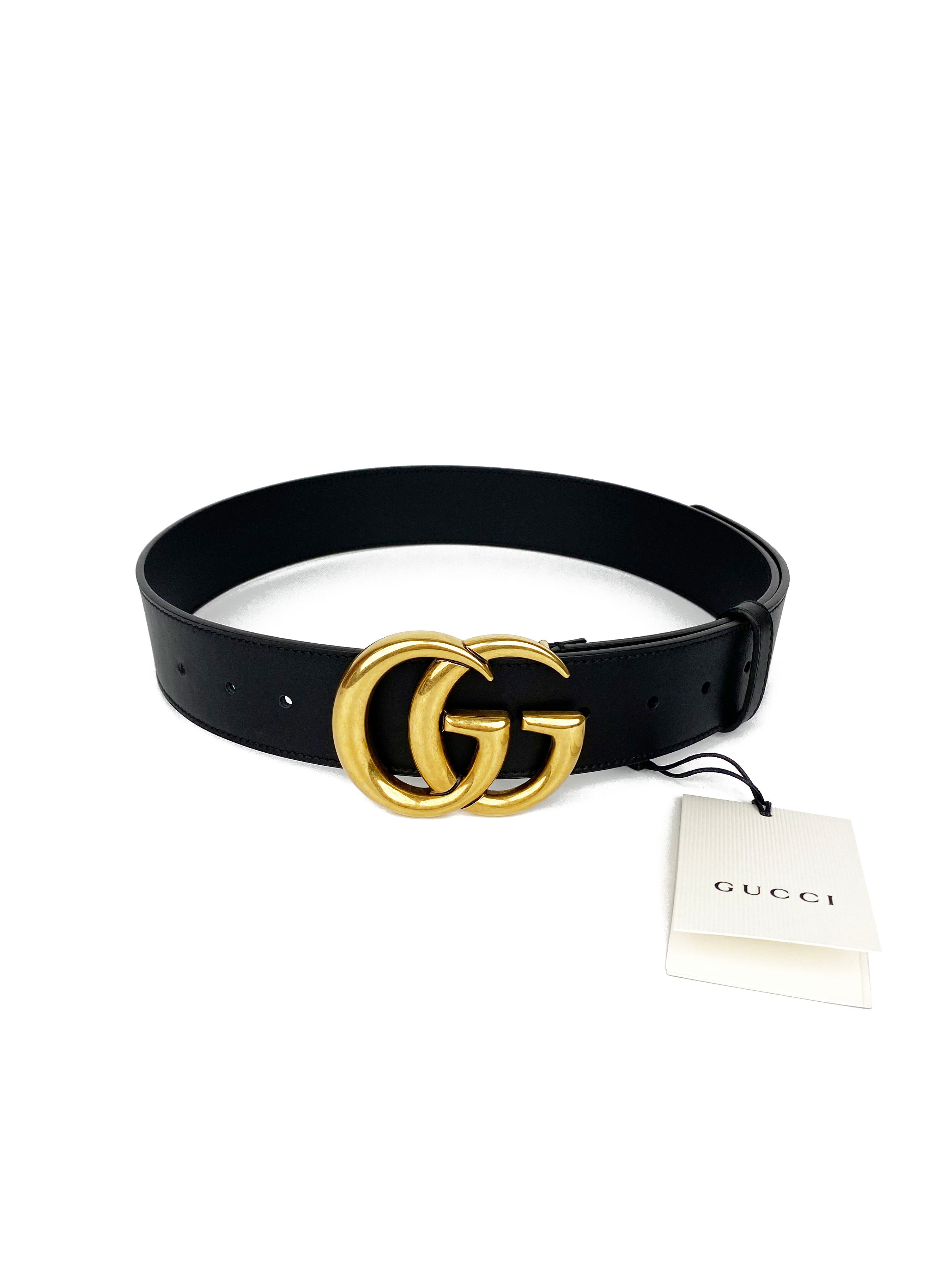 Gucci GG Black Marmont Belt with Shiny Buckle 80