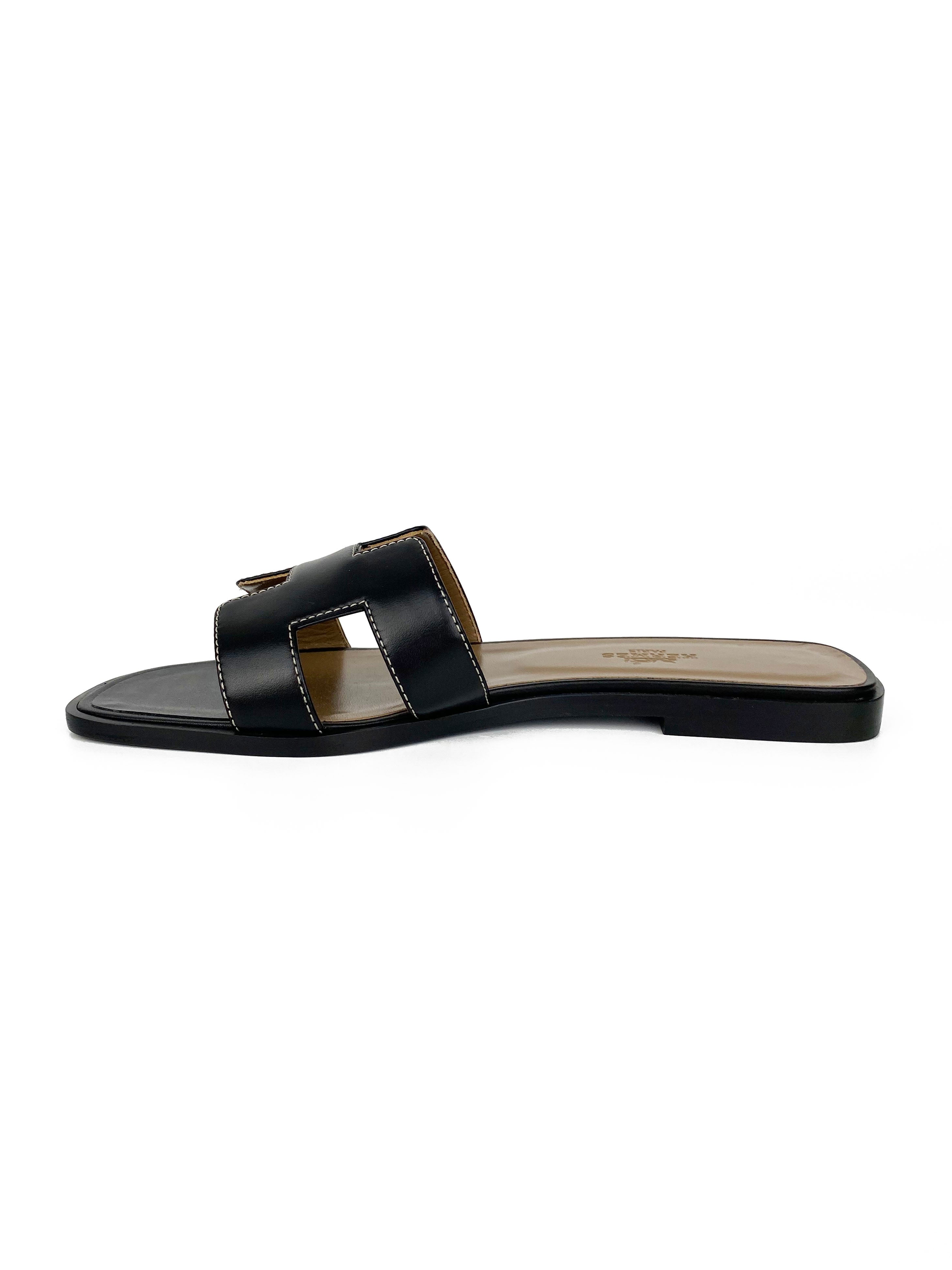 Hermes Black Oran Sandals 37.5