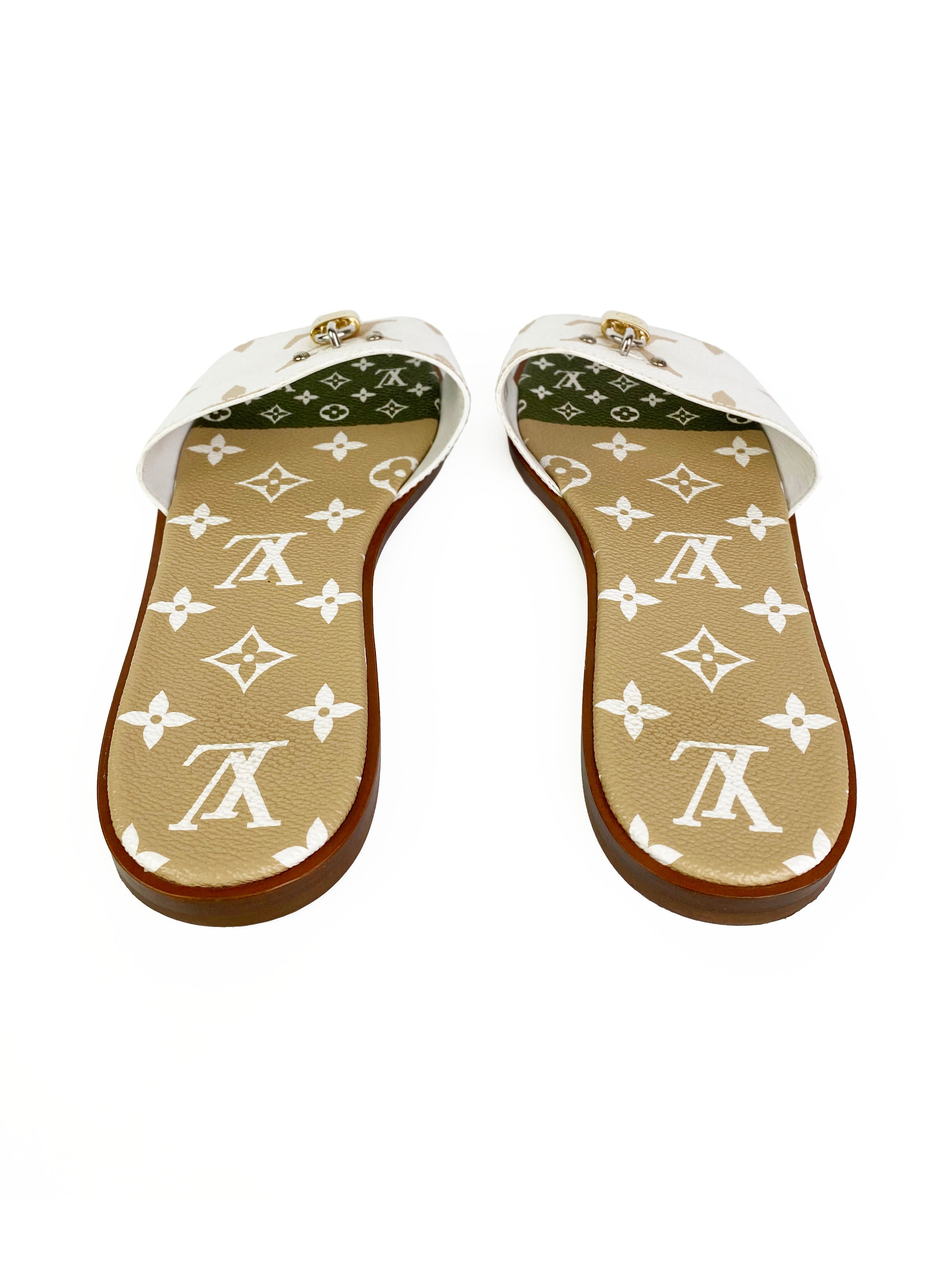 Louis Vuitton White, Khaki and Mocha Lock It Flat Mules 38