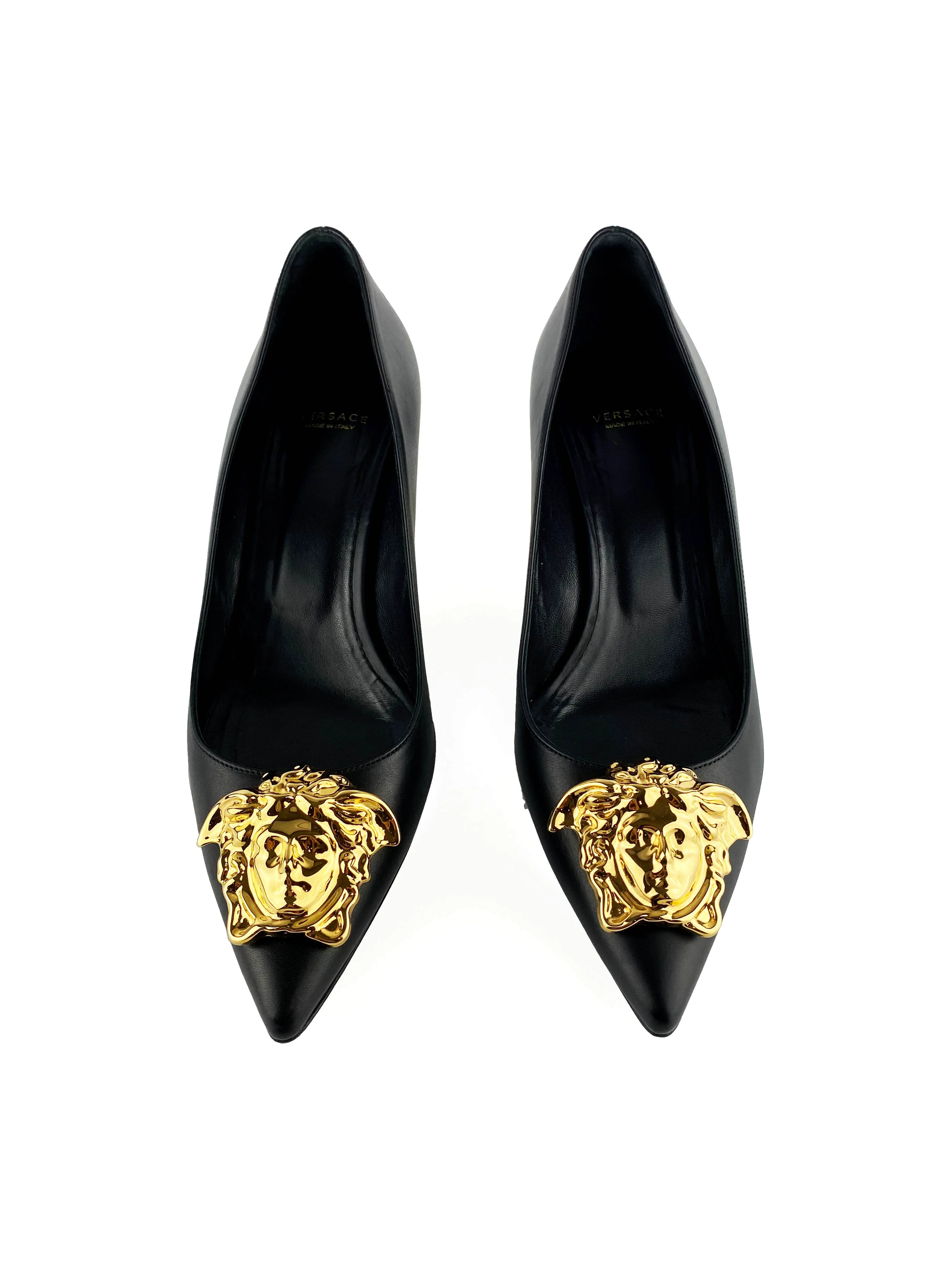 Versace Black  Gold Medusa Head Kitten Heels 39