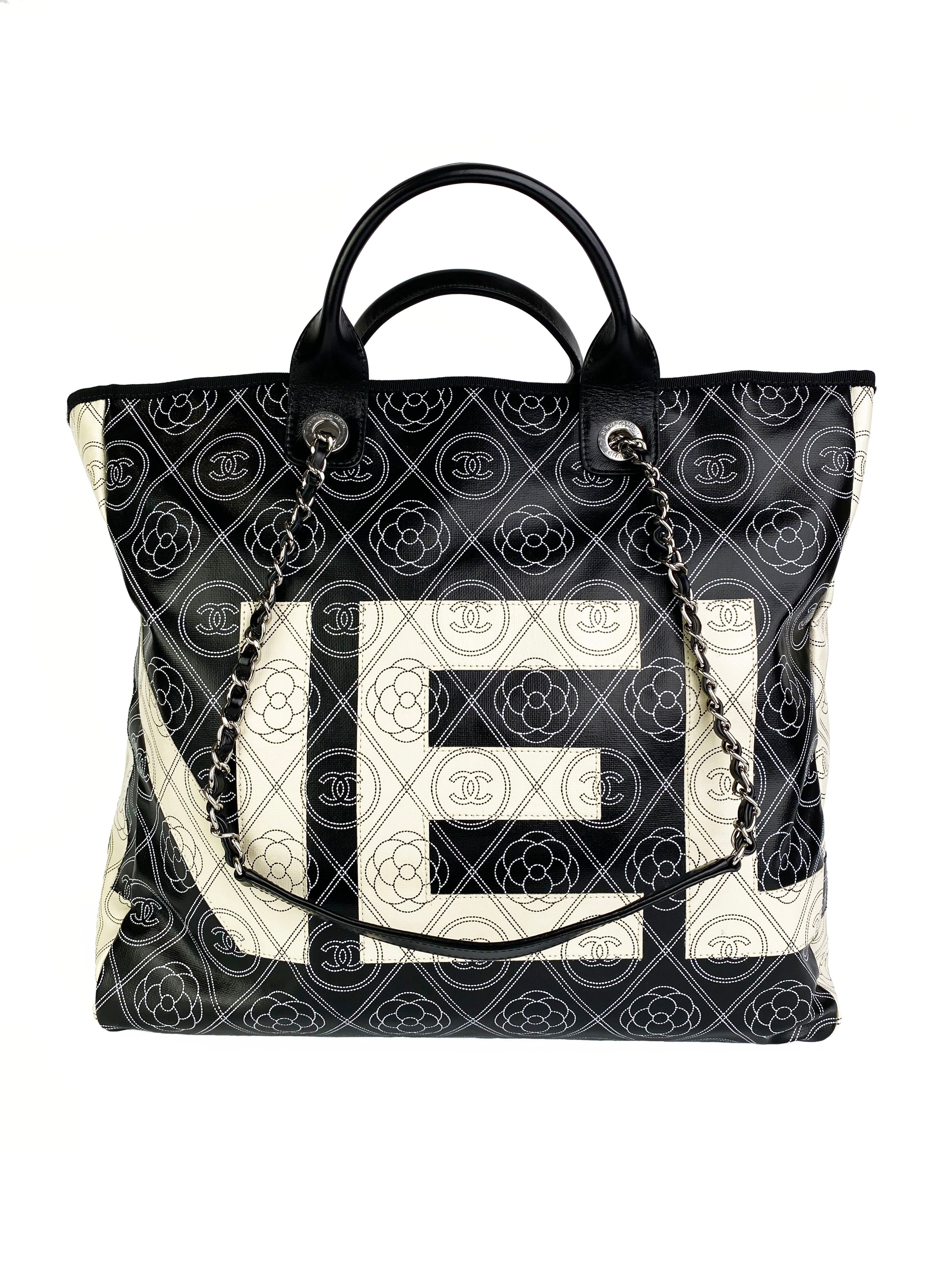 Chanel Black 
White Logo Camellia Large Shopping Tote