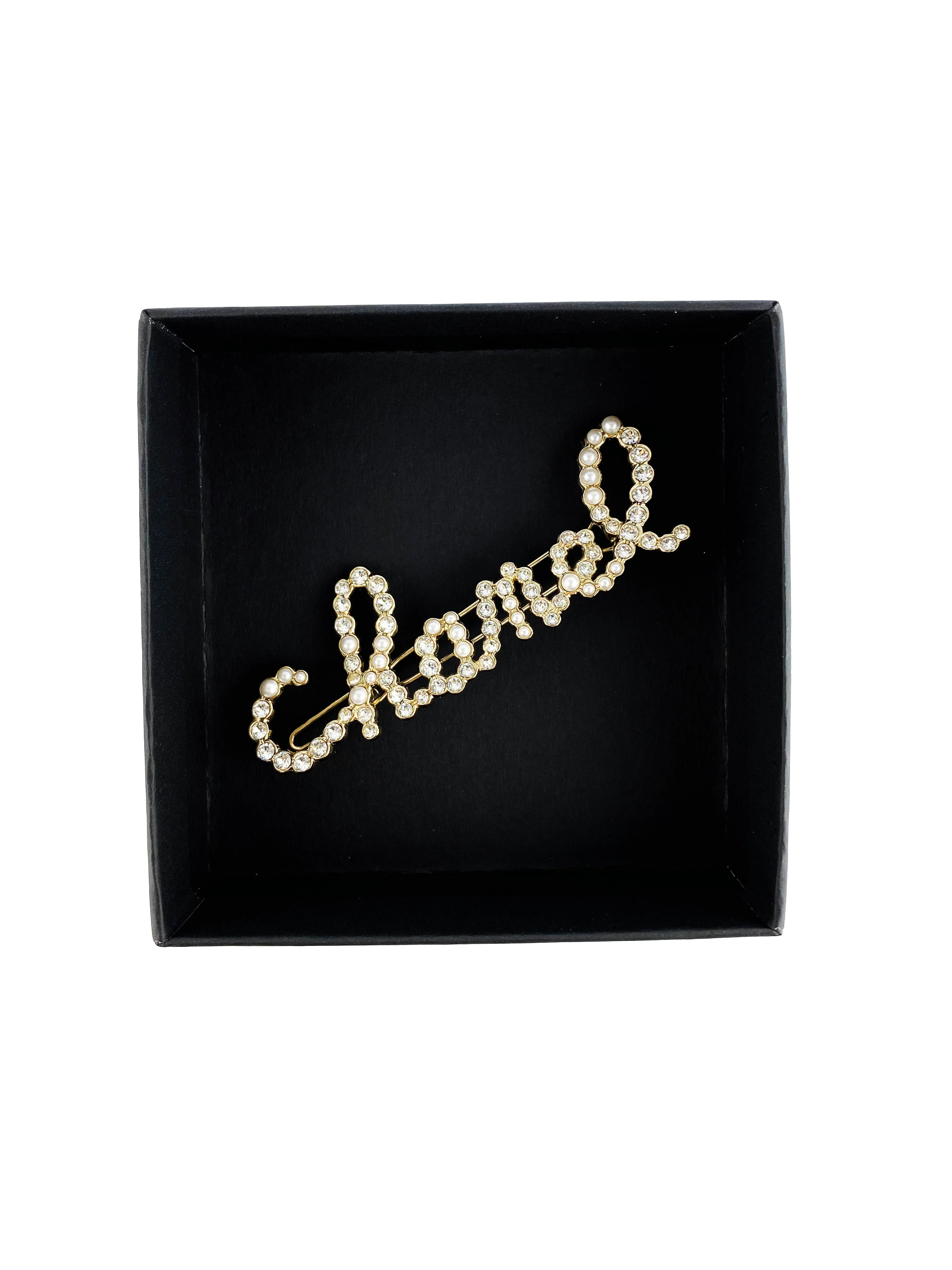 Chanel Swirling Logo Faux Pearl  Crystal Hair Clip