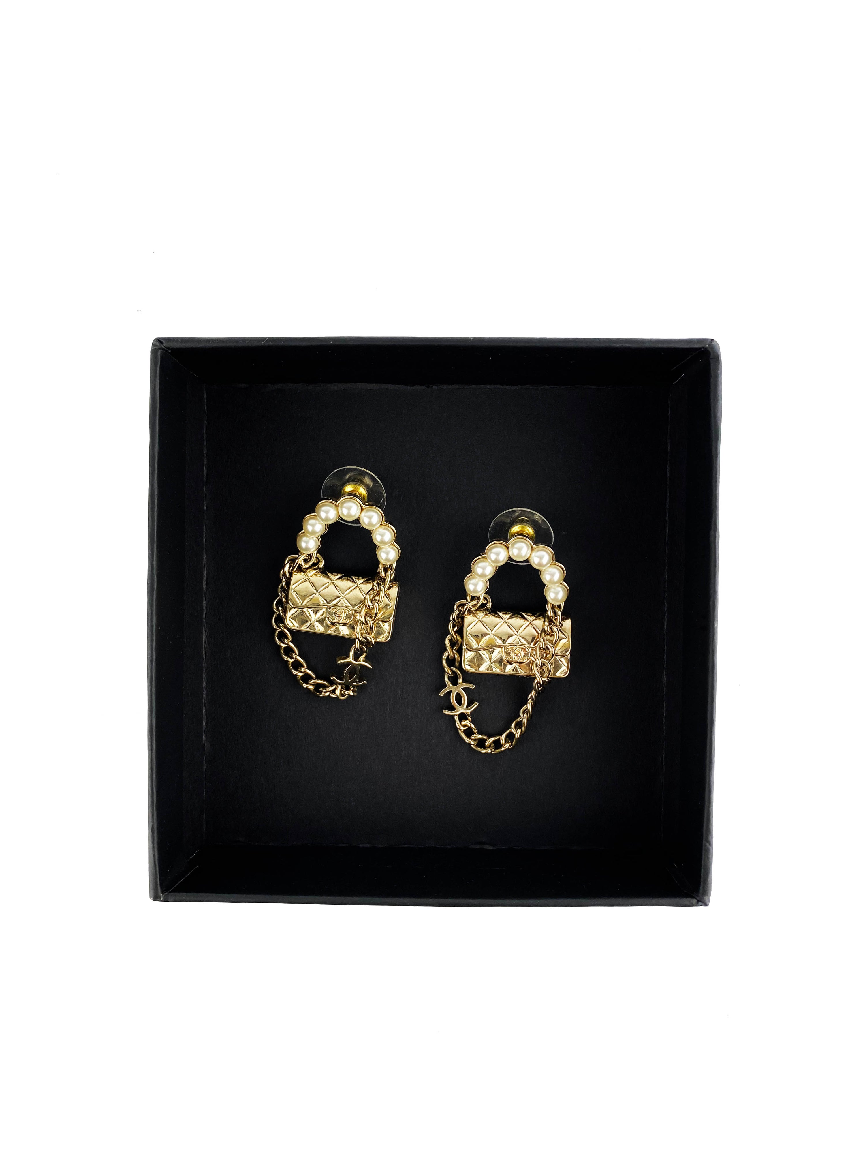 Chanel Mini Faux Pearl Bag Drop Earrings