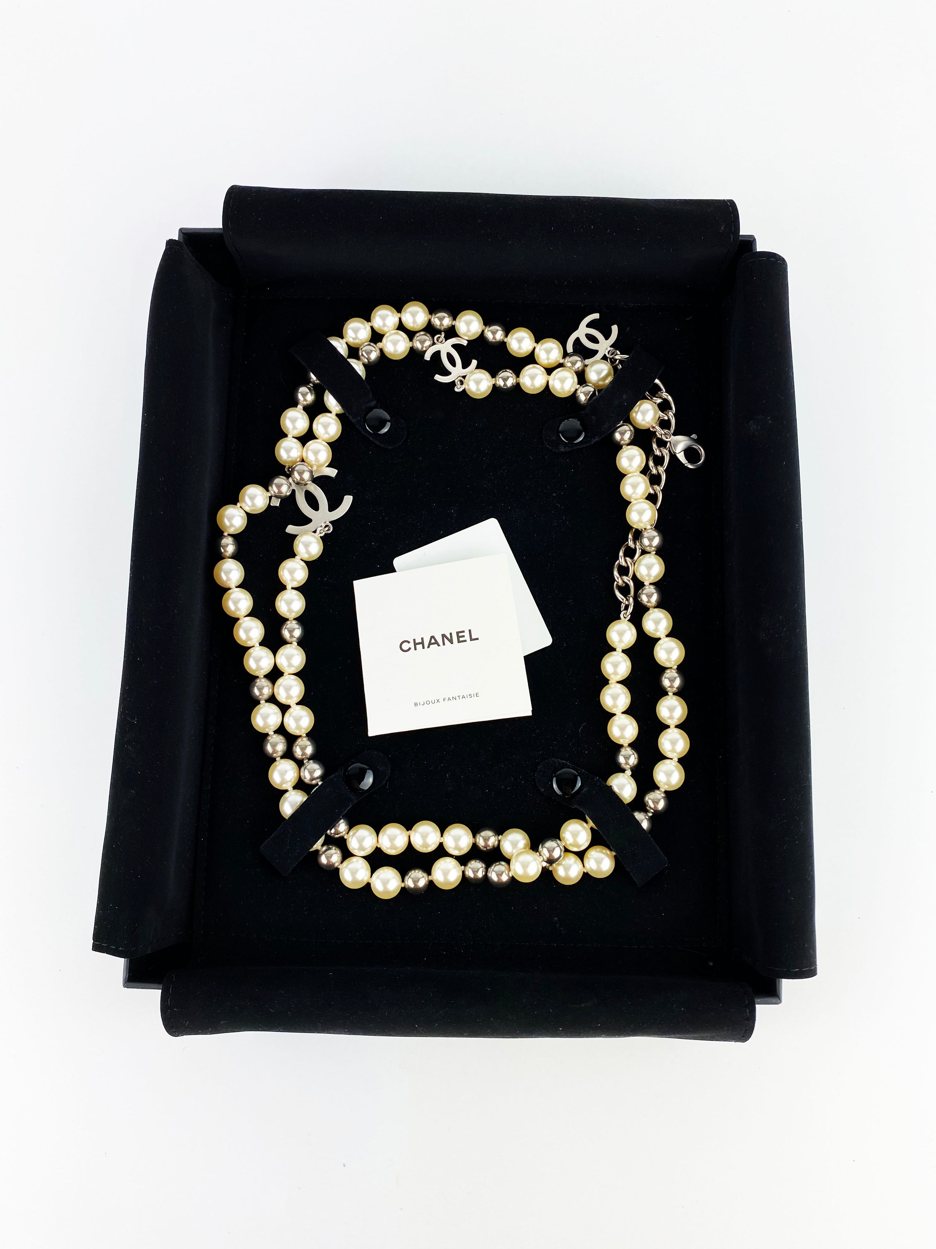 Chanel White Silver Pearl CC Long Necklace