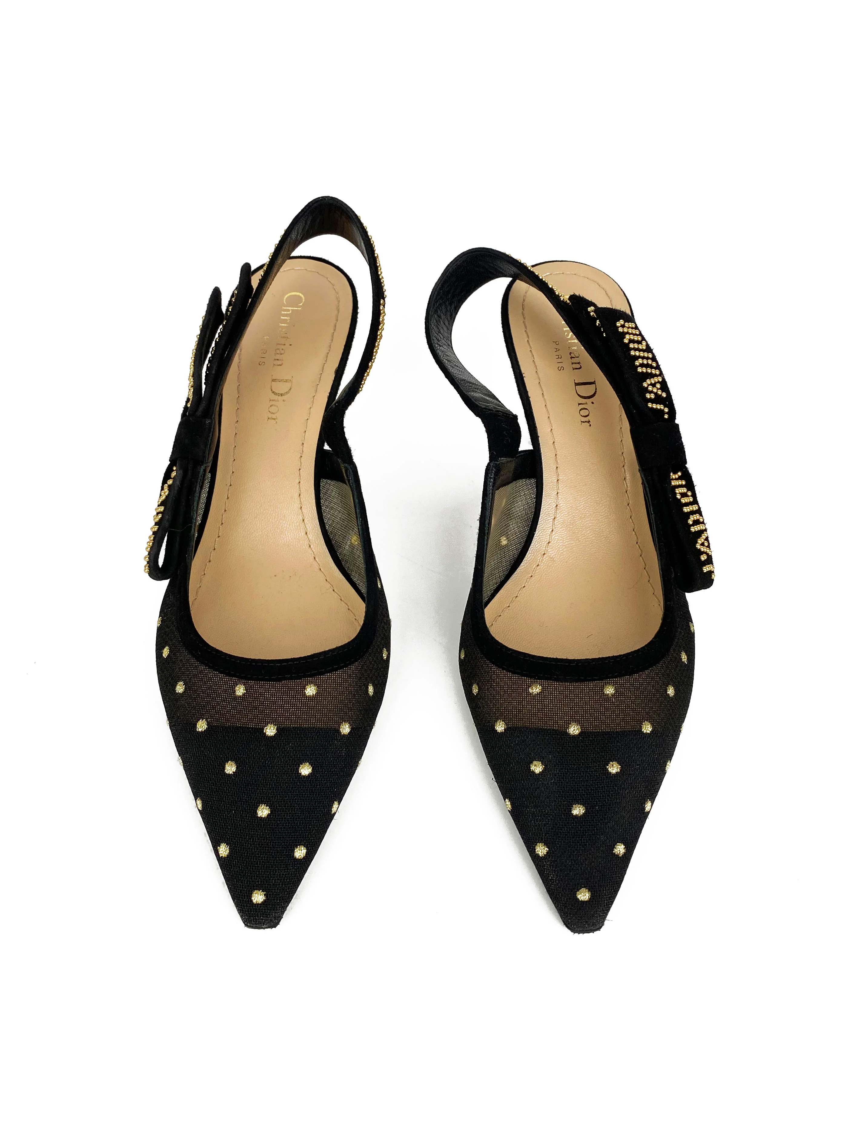 Christian Dior Black  Gold Plumetis Slingback Heels 37