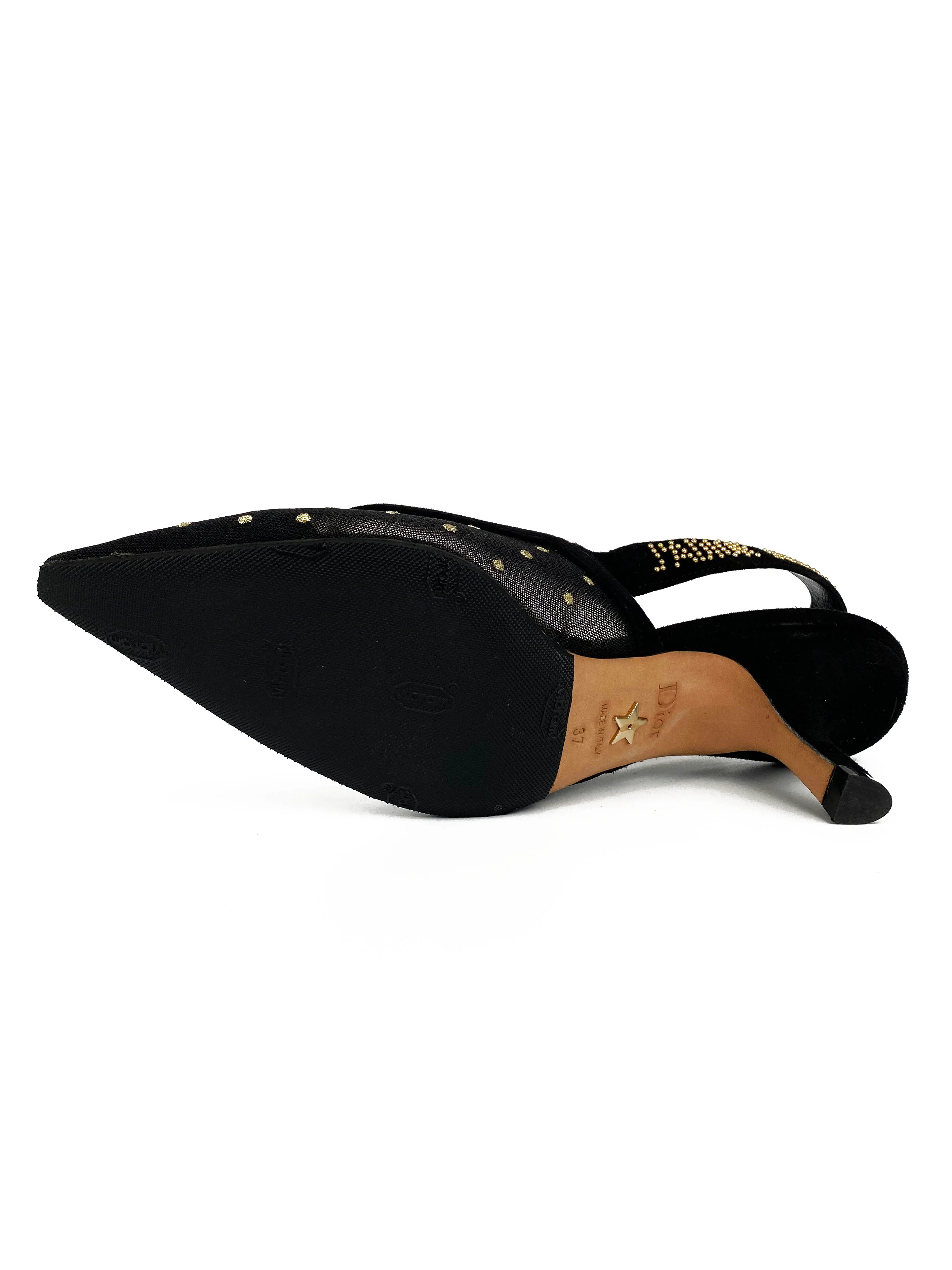 Christian Dior Black  Gold Plumetis Slingback Heels 37