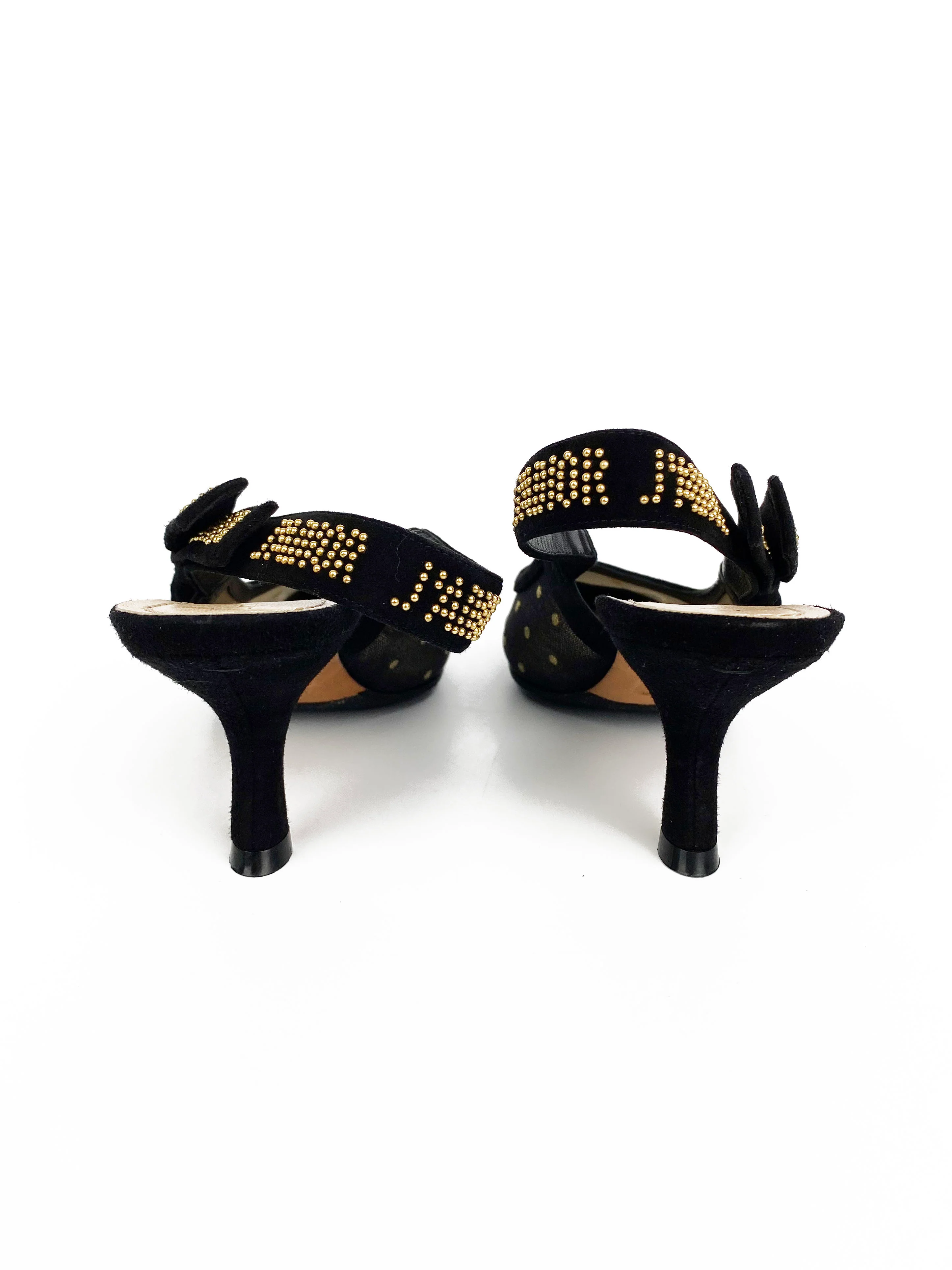 Christian Dior Black  Gold Plumetis Slingback Heels 37