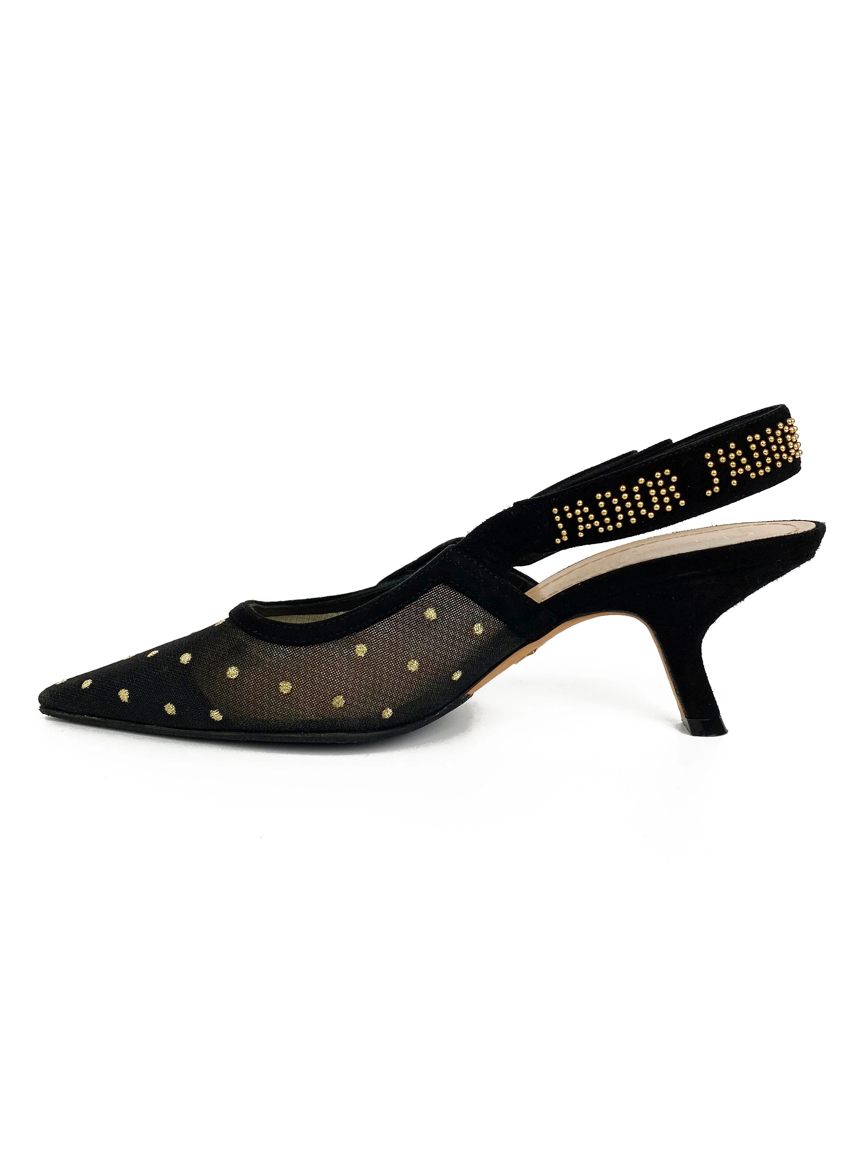 Christian Dior Black  Gold Plumetis Slingback Heels 37
