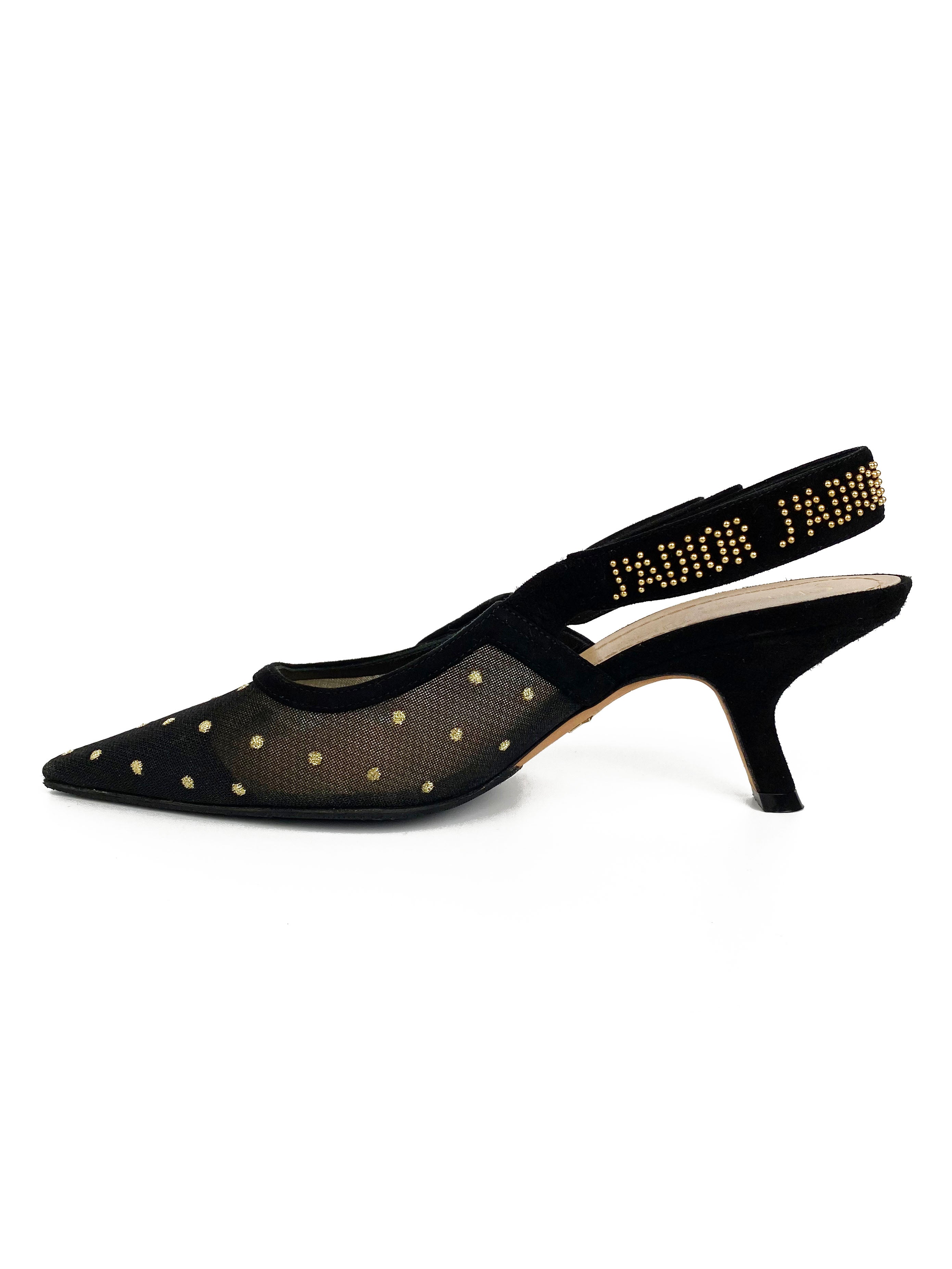 Christian Dior Black 
Gold Plumetis Slingback Heels 37