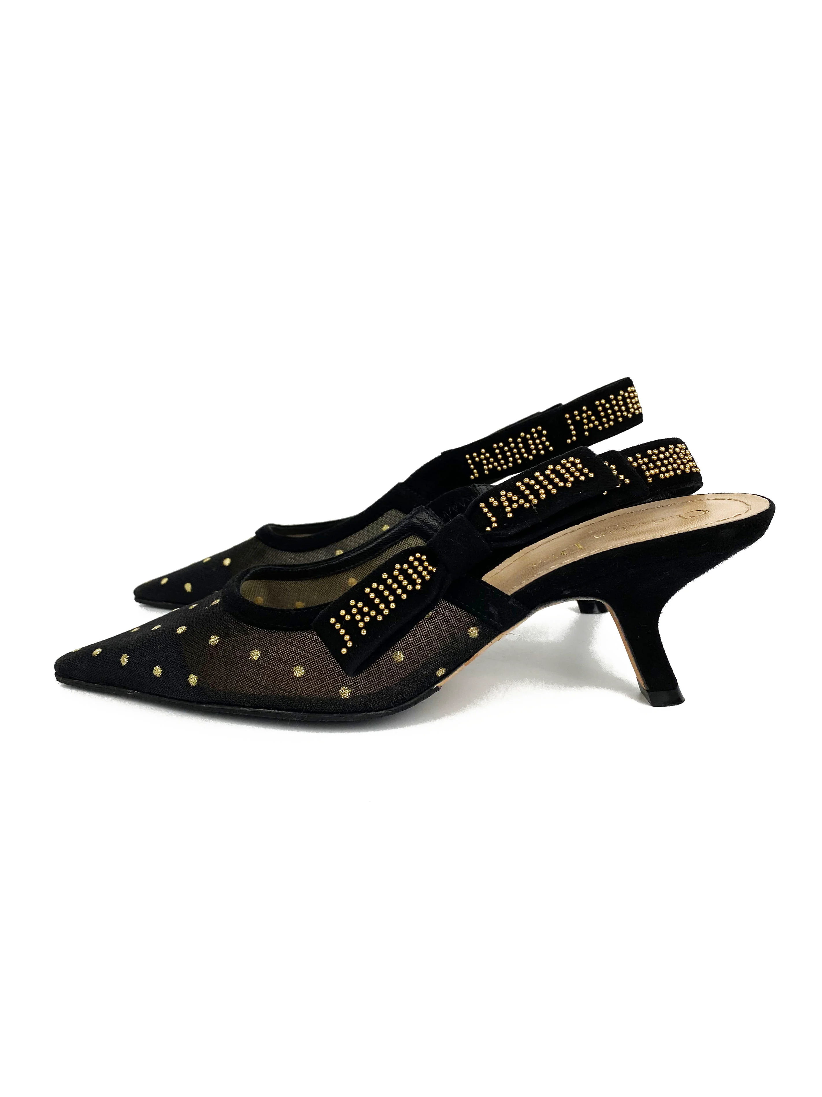Christian Dior Black  Gold Plumetis Slingback Heels 37