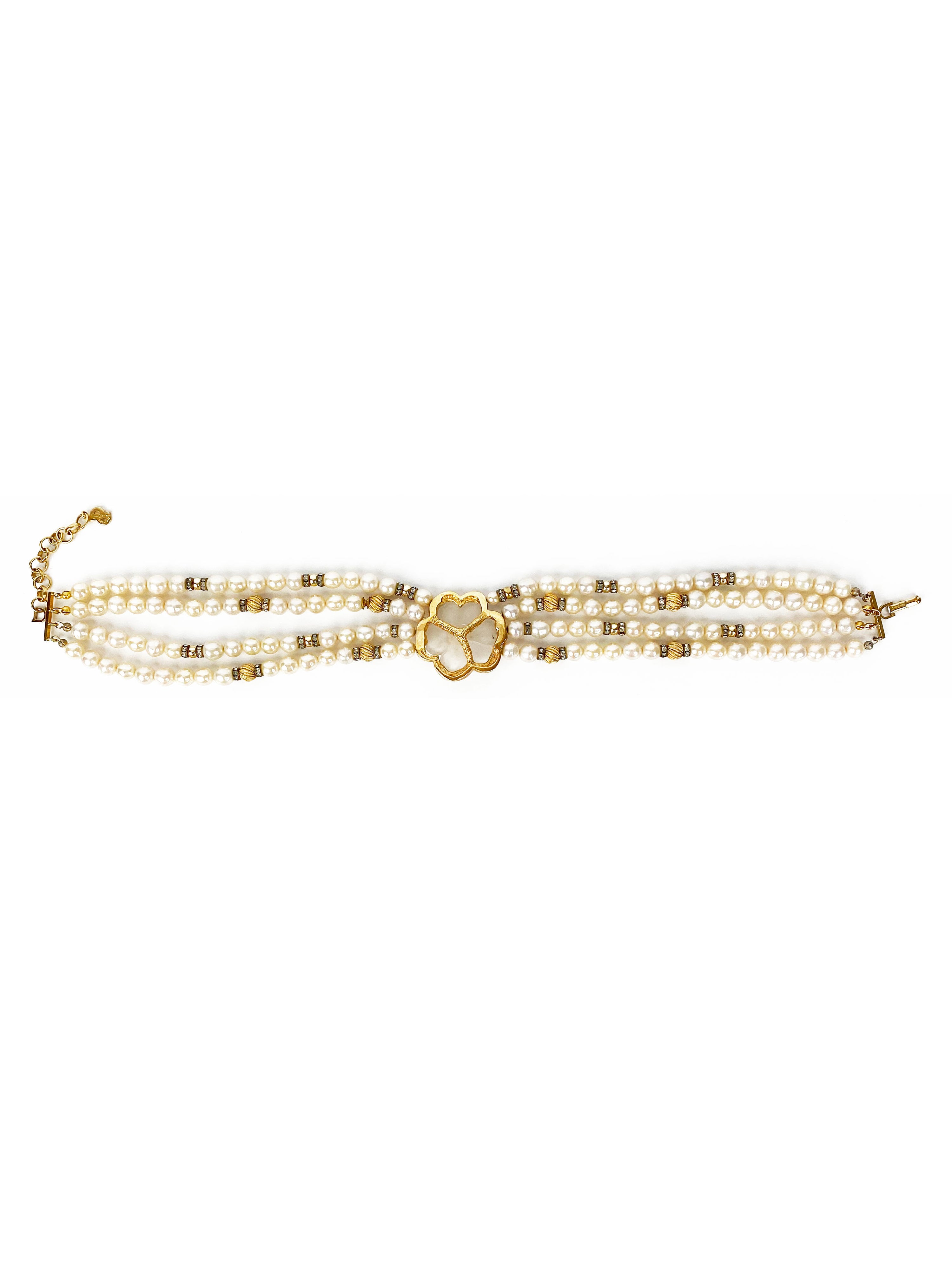 Dior Faux Pearl Choker Necklace with Flower