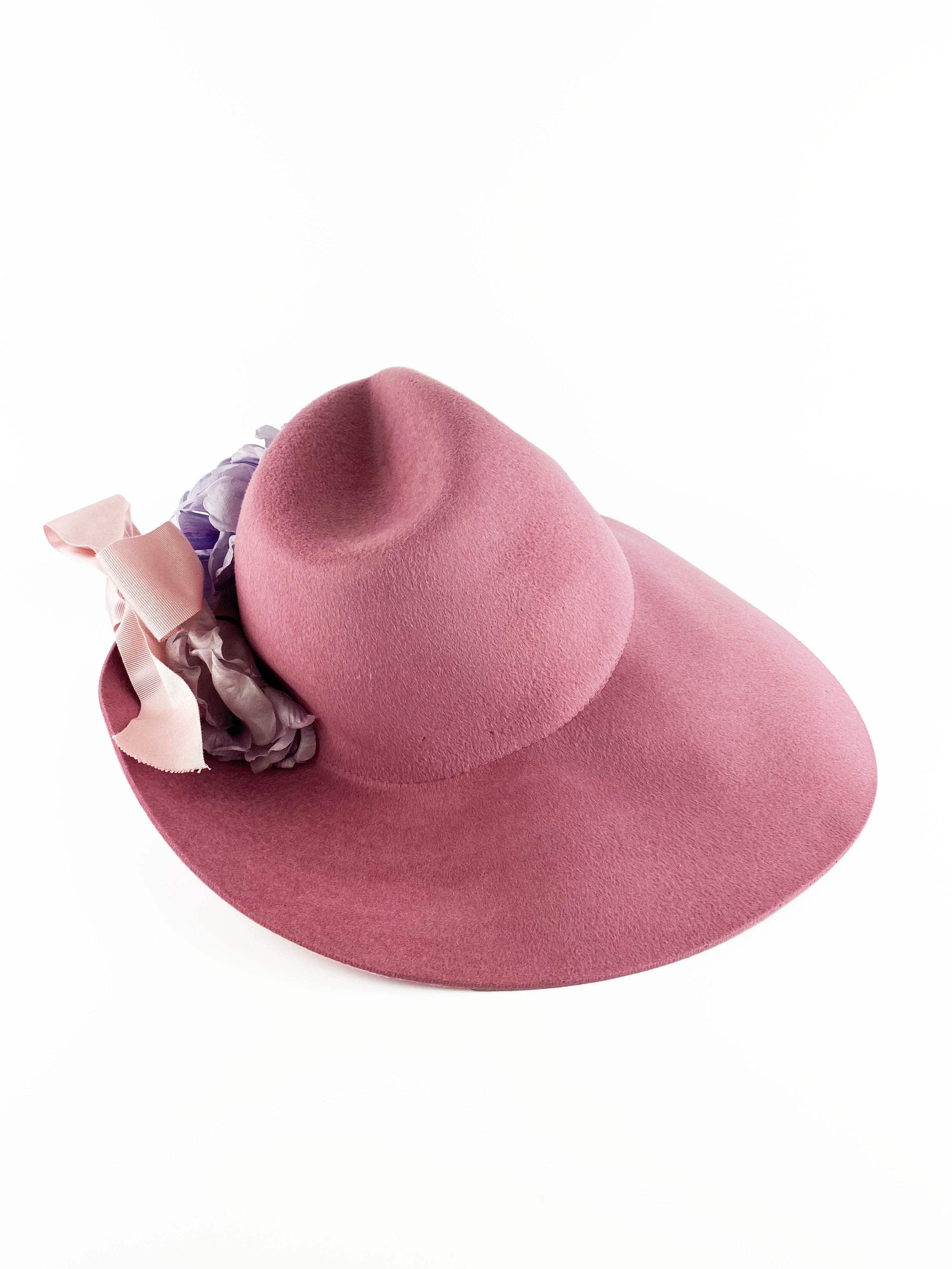 Gucci Pink Wide Brim Felt Hat with Flowers 56