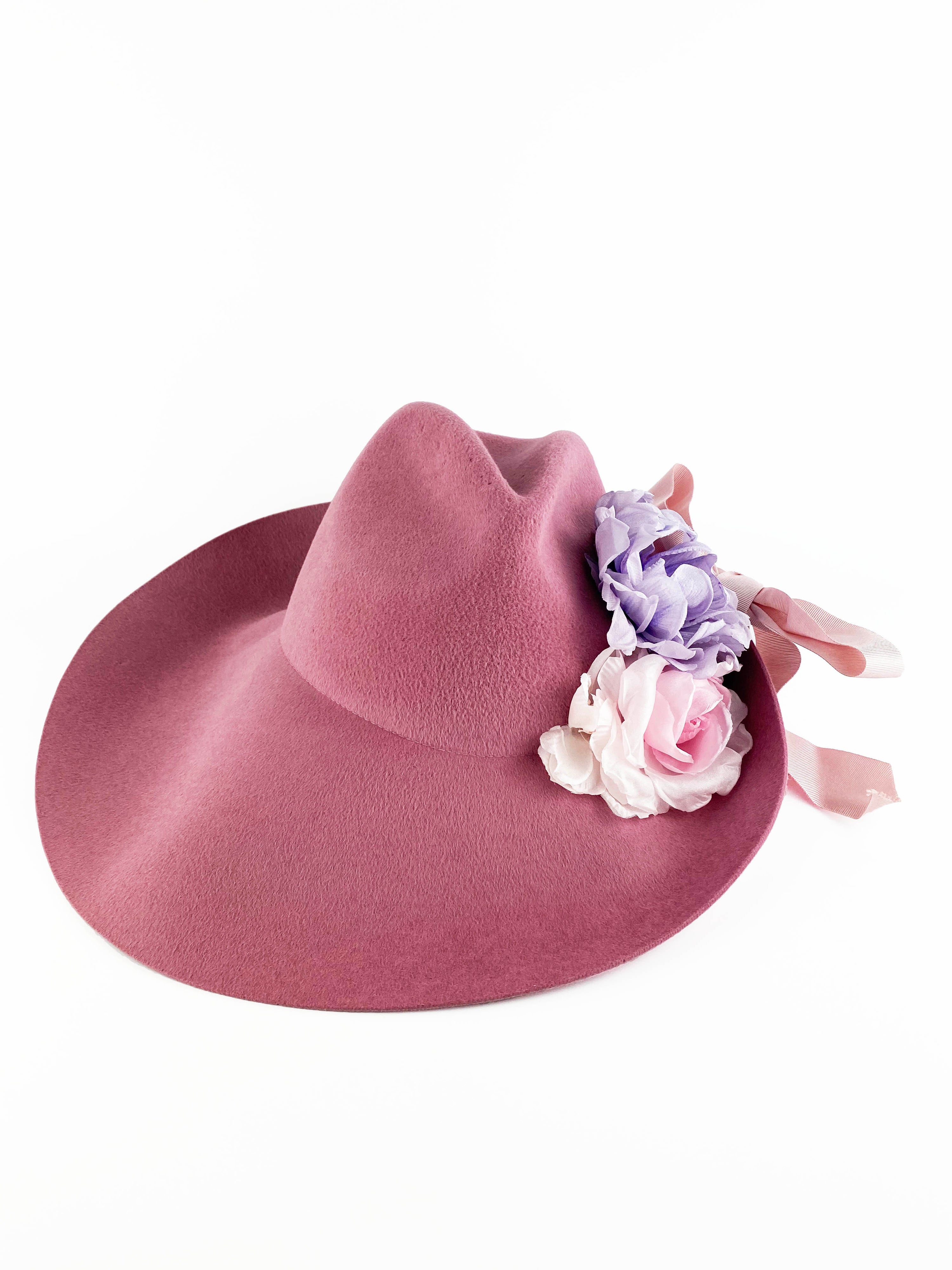 Gucci Pink Wide Brim Felt Hat with Flowers 56