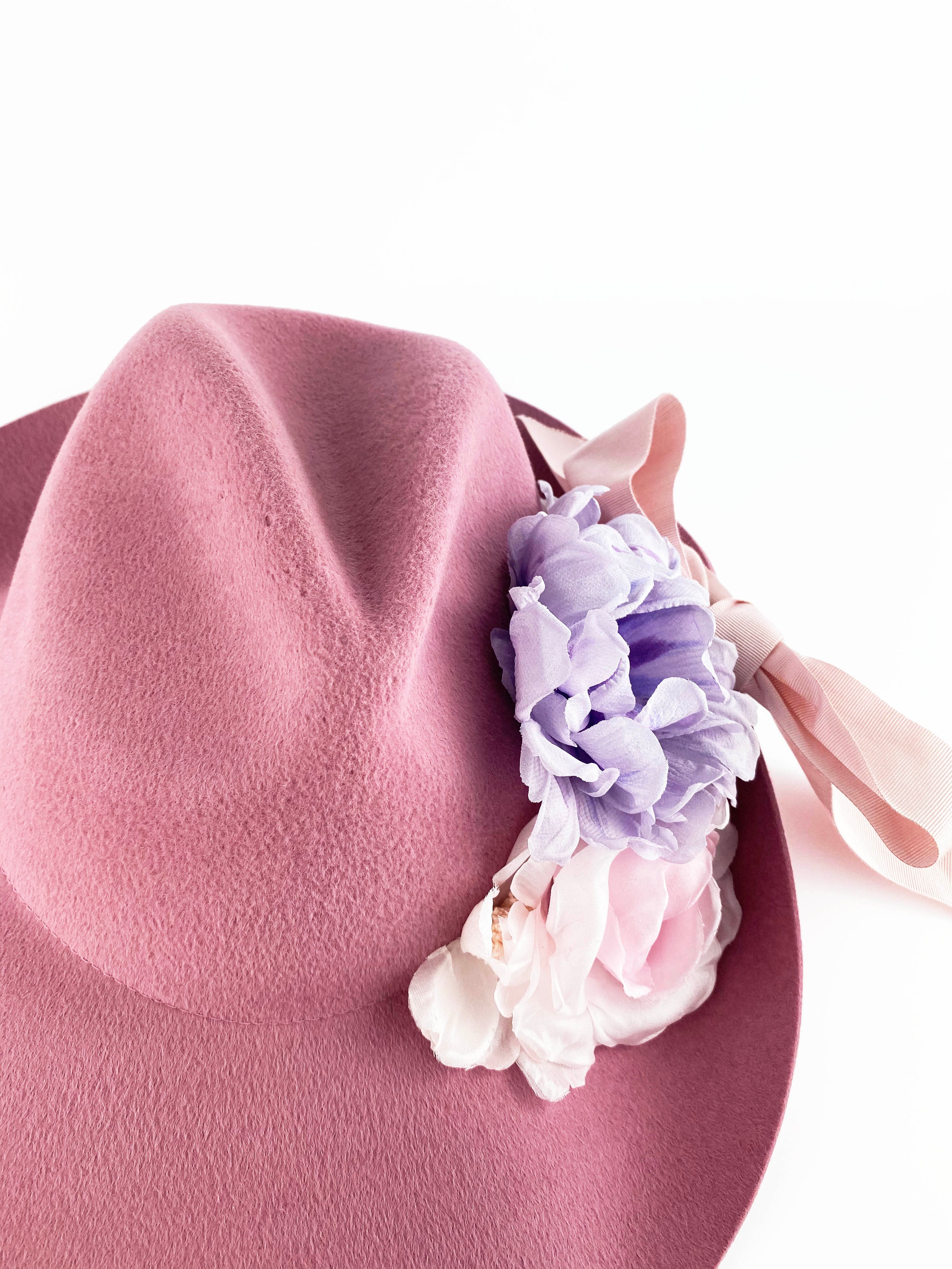 Gucci Pink Wide Brim Felt Hat with Flowers 56