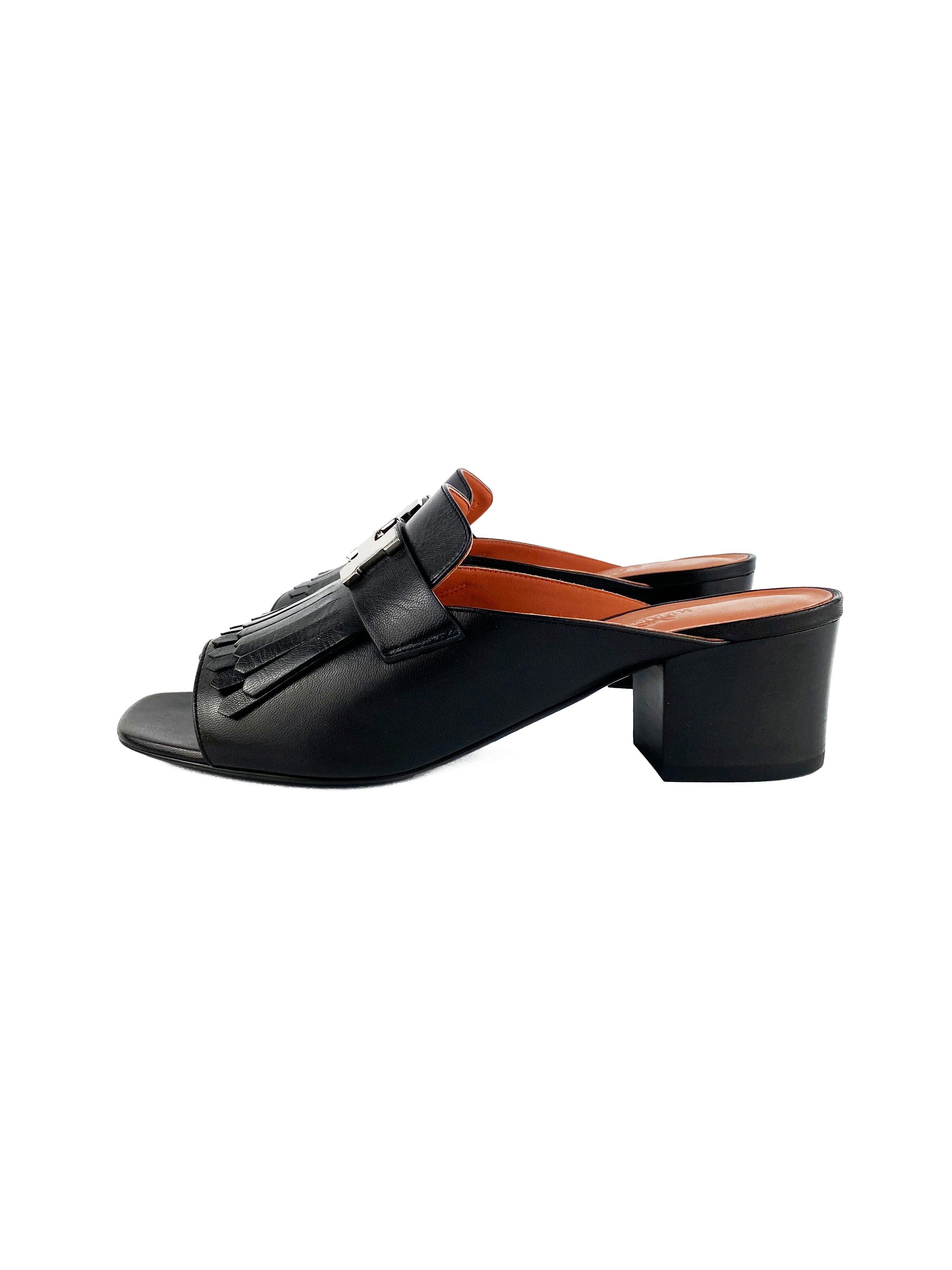 Hermes Black Rivoli Mules 39